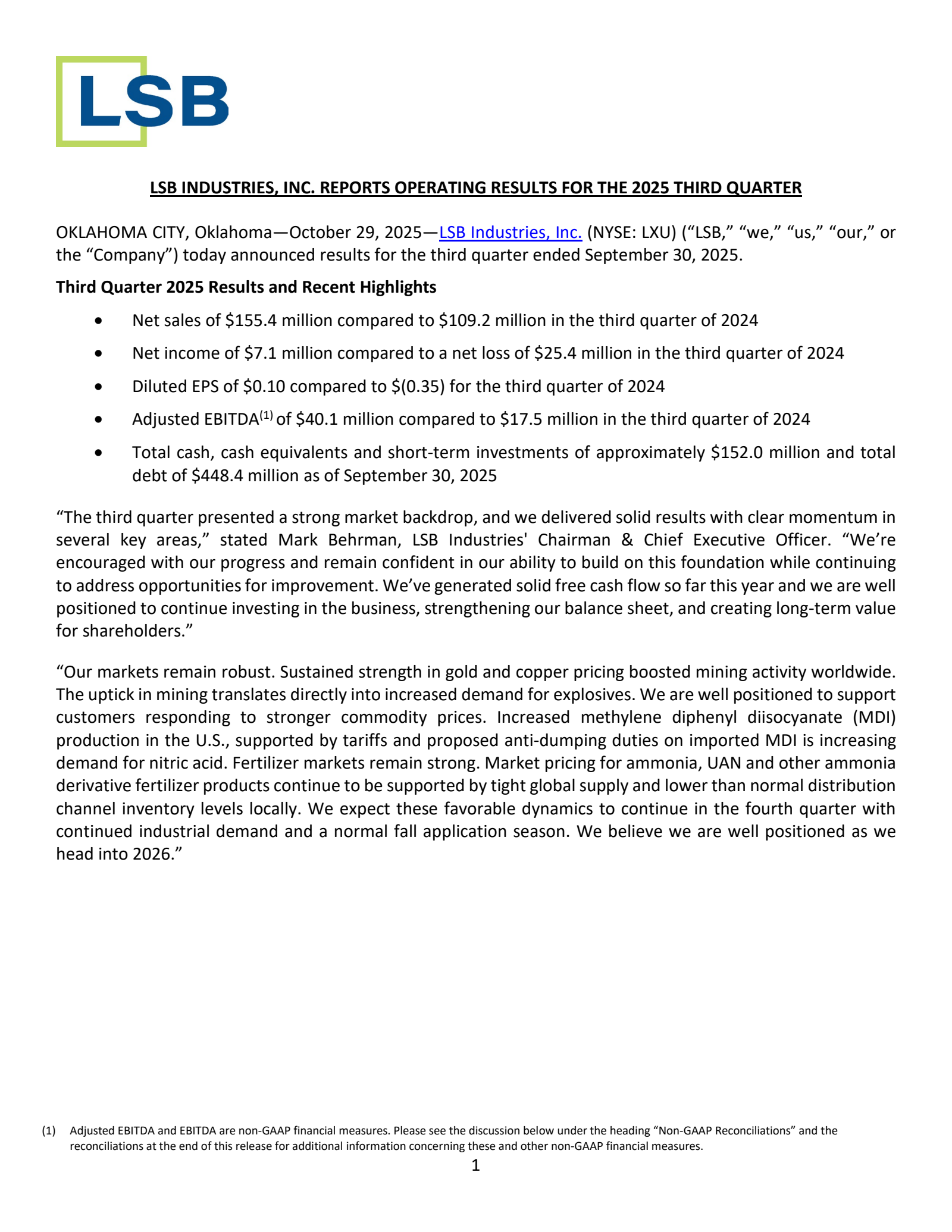 Lsb Industries' Q3 2025 Earnings Release