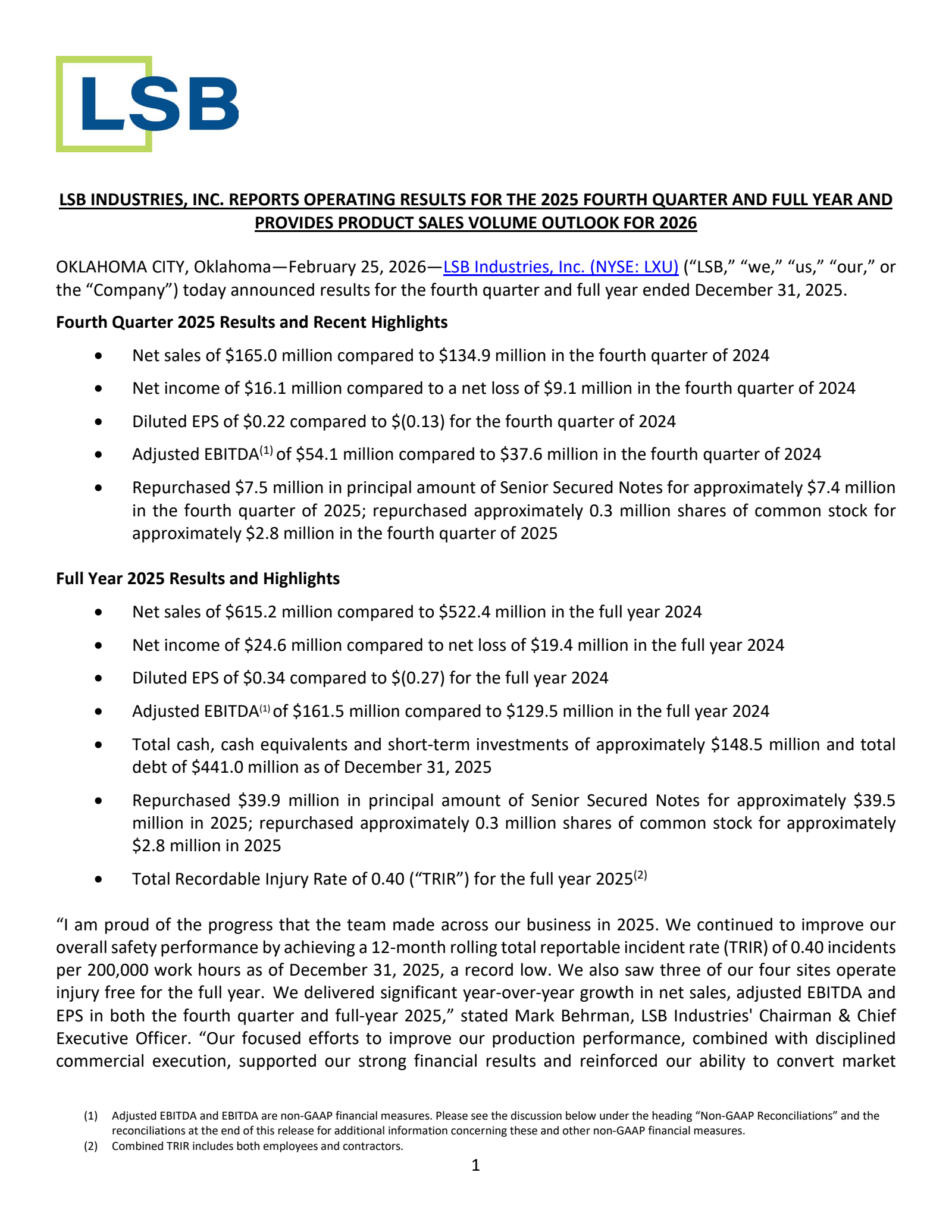 Lsb Industries' Q4 2025 Press Release