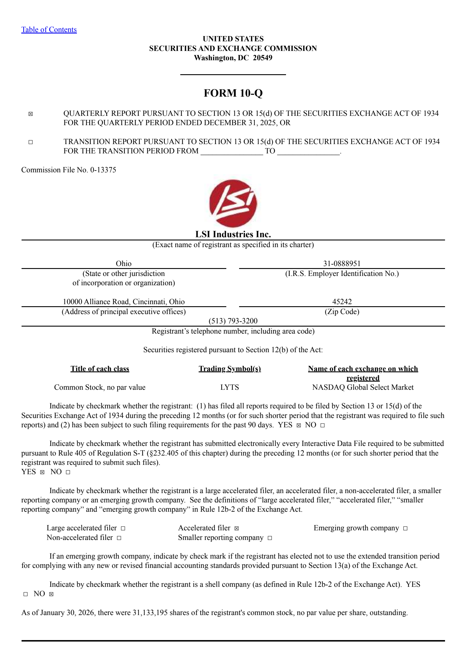 LSI Industries' Q2 2026 Quarterly report
