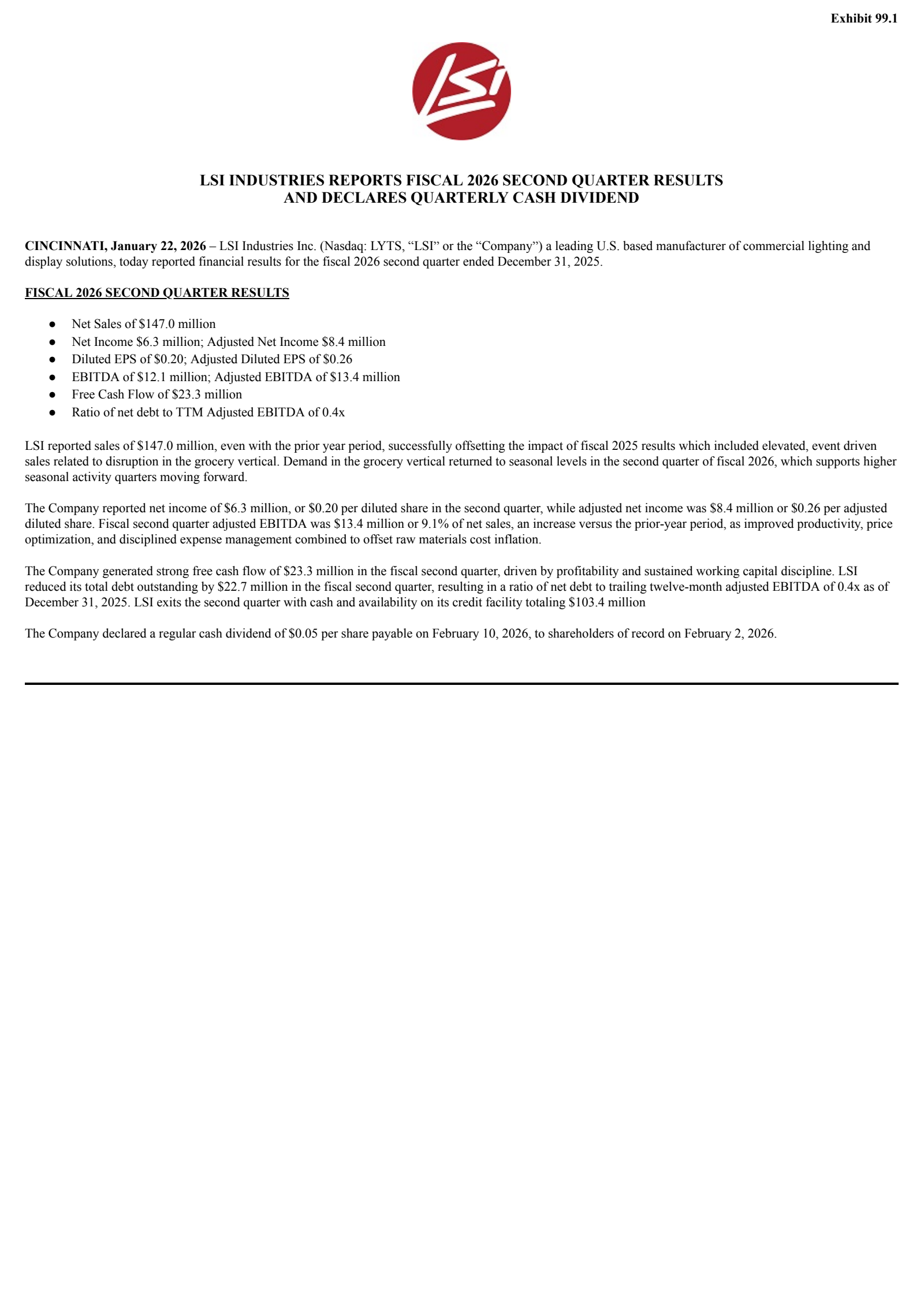 LSI Industries' Q2 2026 Press Release