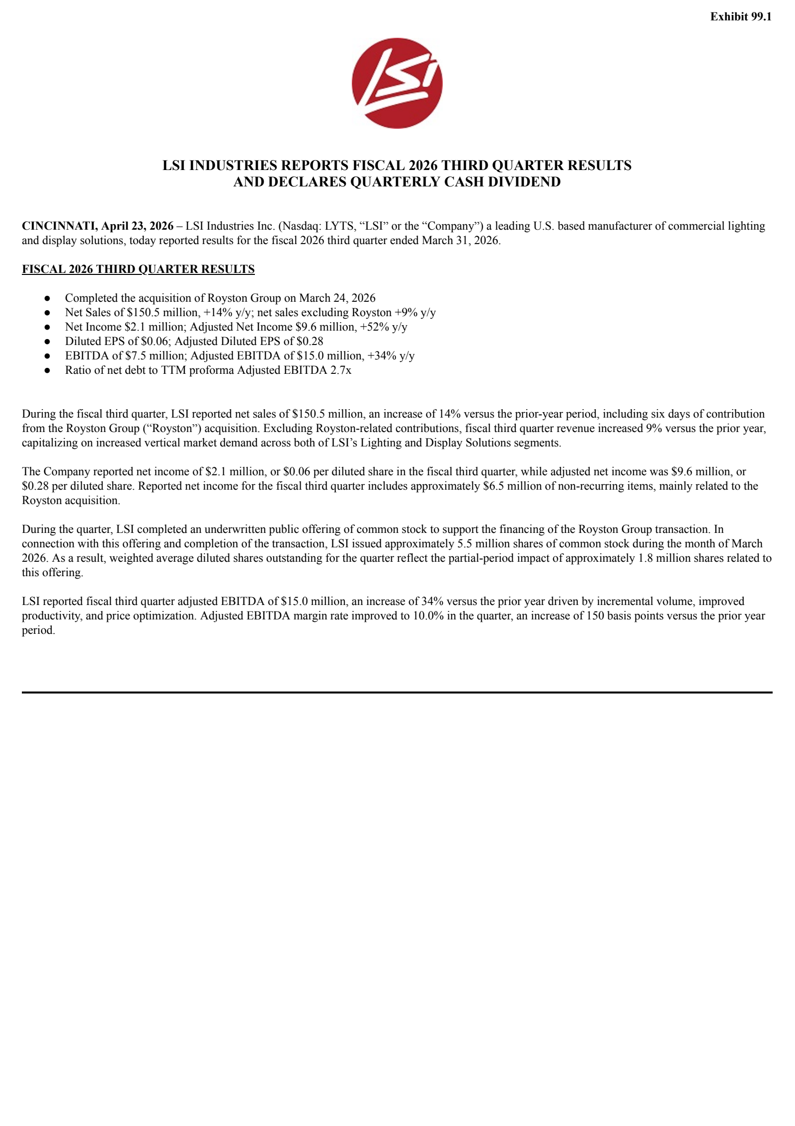 LSI Industries' Q3 2026 Press Release