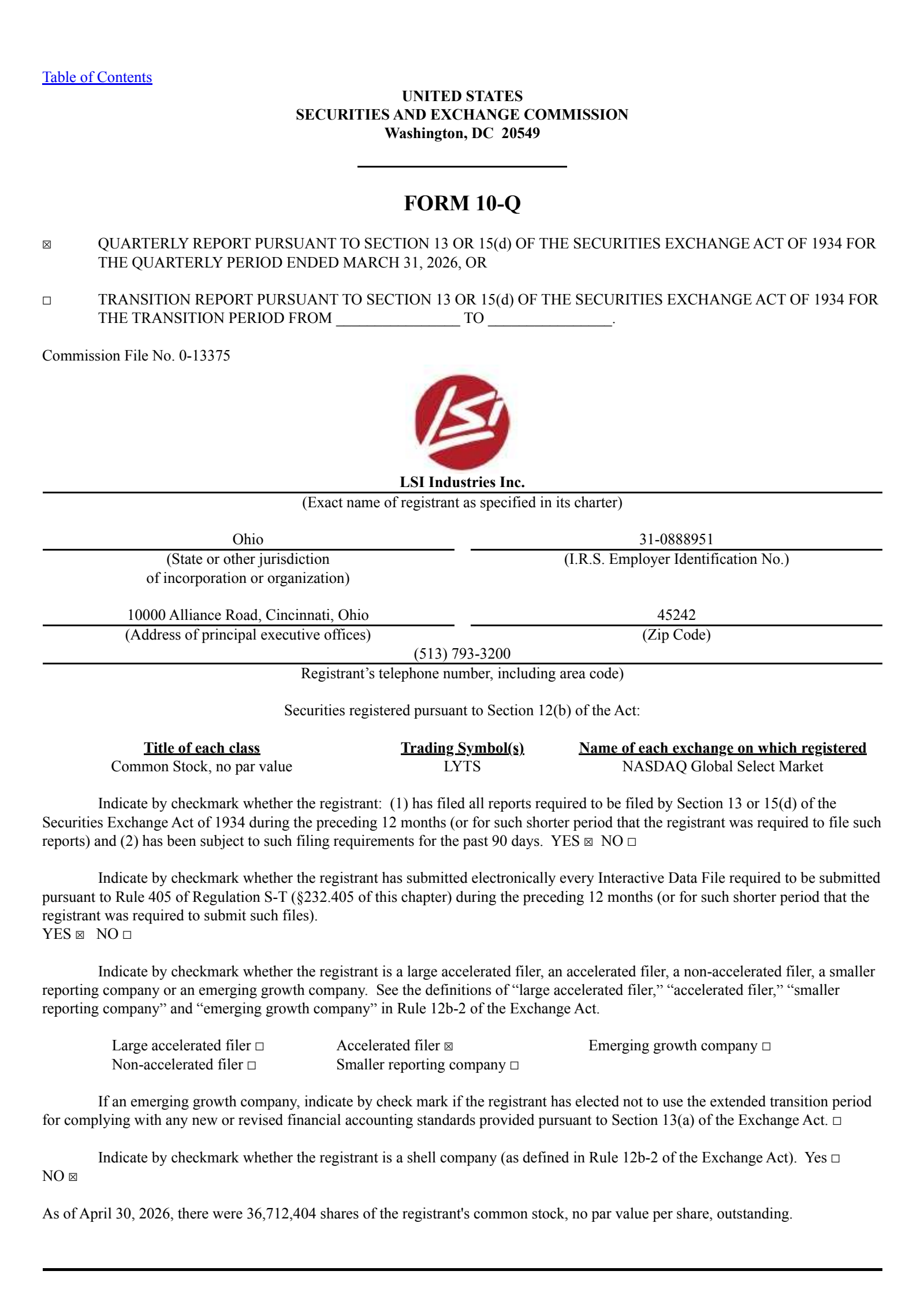 LSI Industries' Q3 2026 Quarterly report