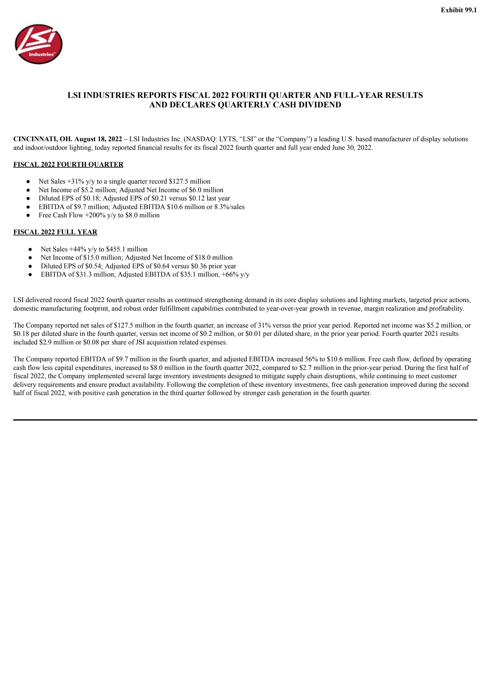 LSI Industries' Q4 2022 Press Release