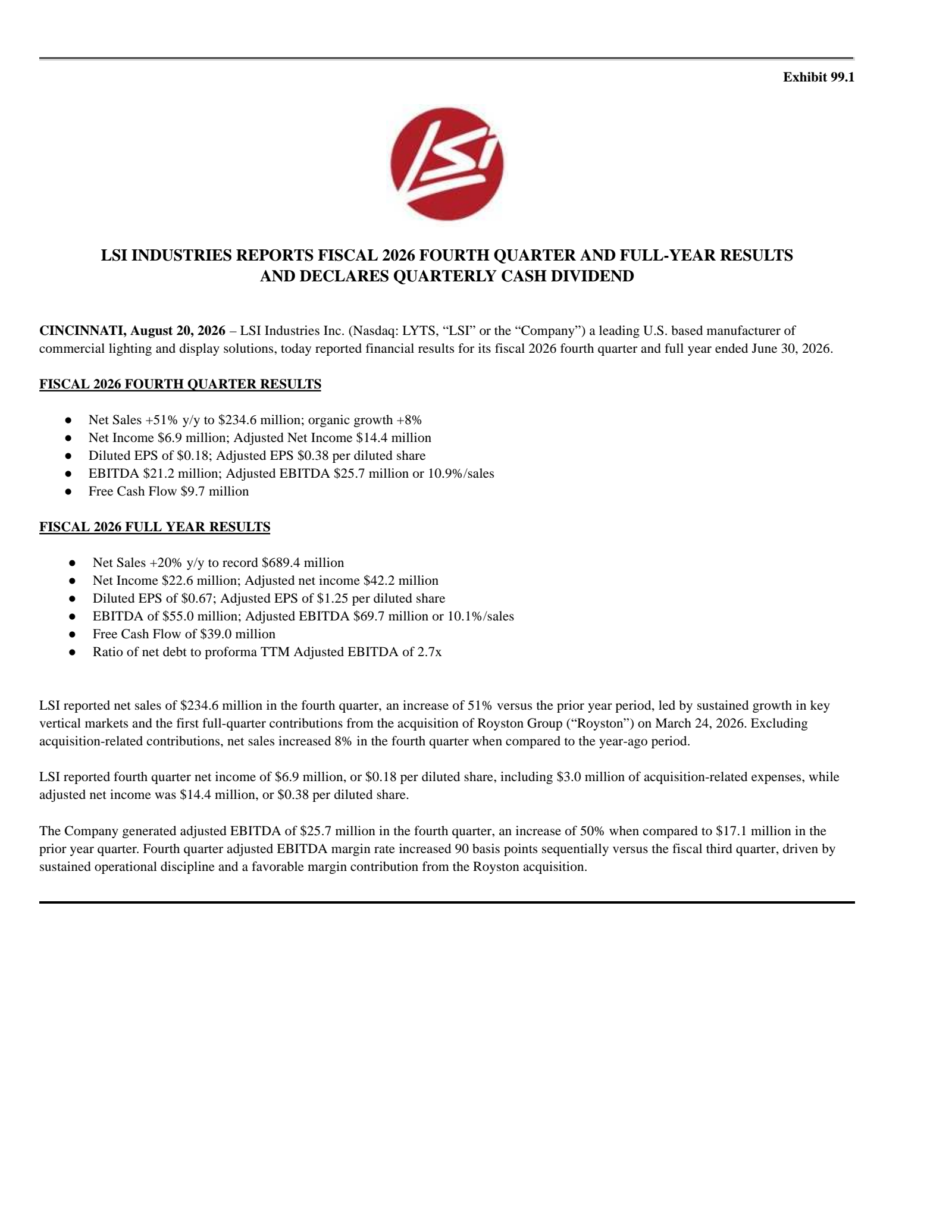 LSI Industries' Q4 2026 Press Release