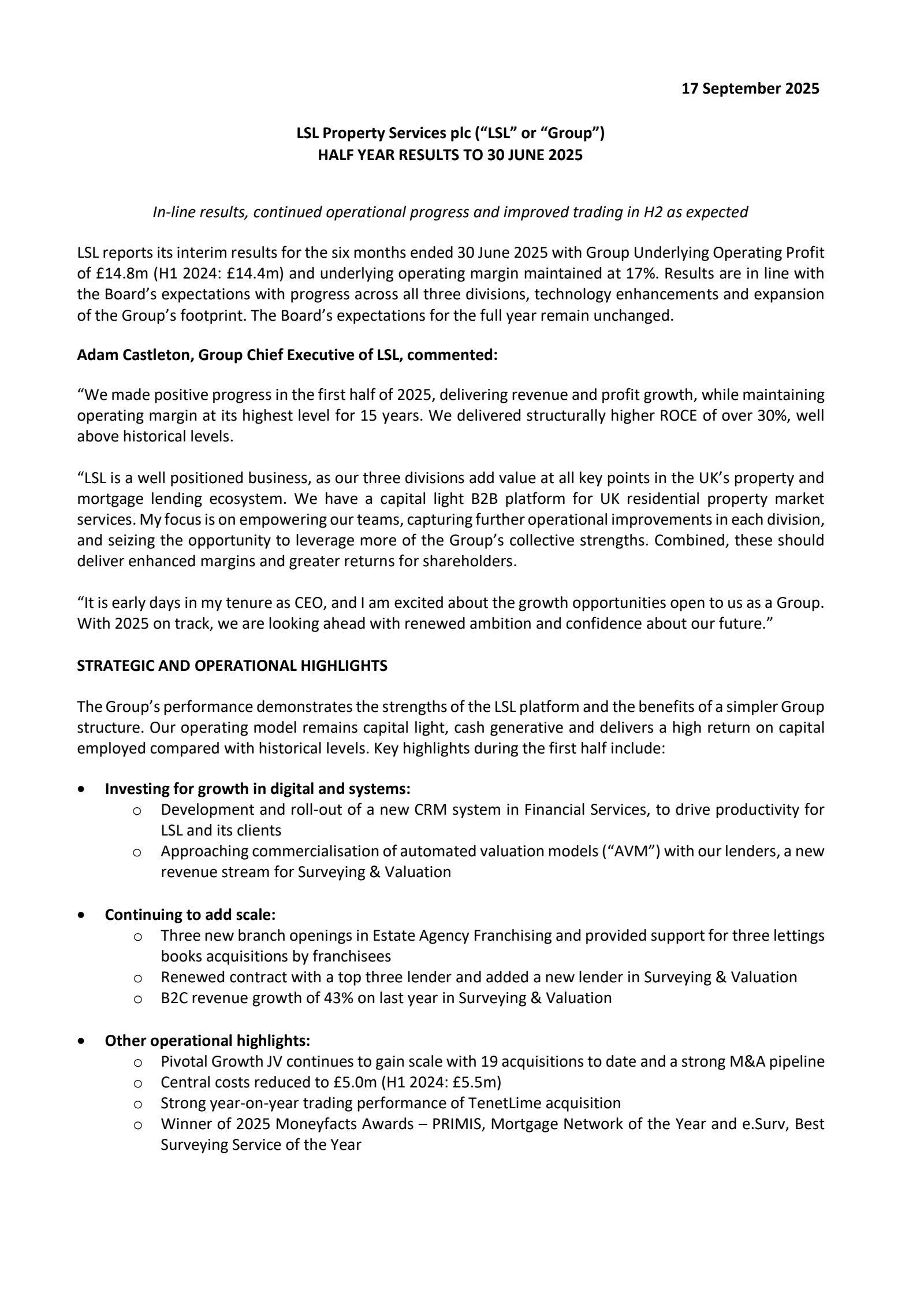 LSL Property Services' H1 2025 Interim Report
