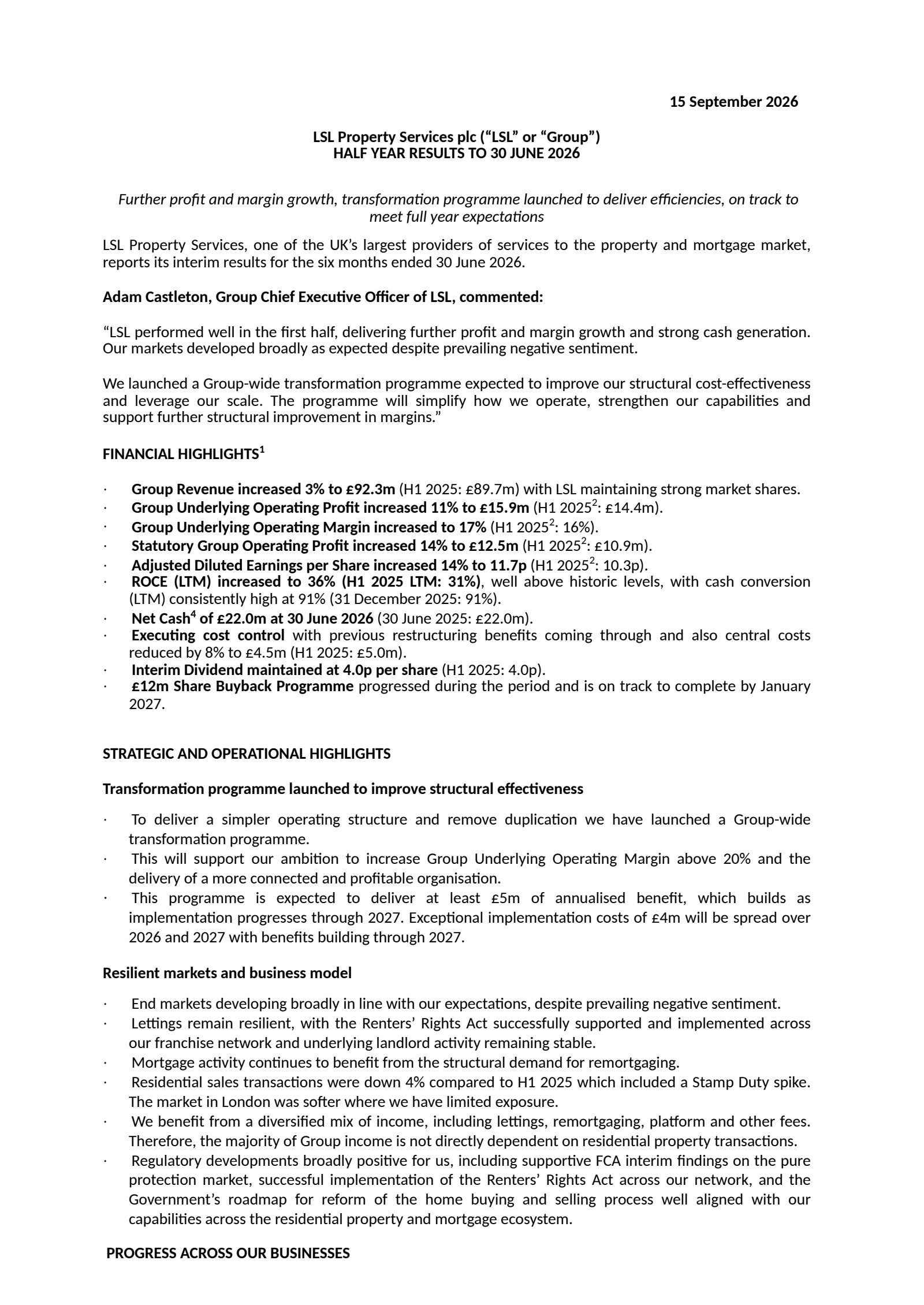 LSL Property Services' H1 2026 Interim report