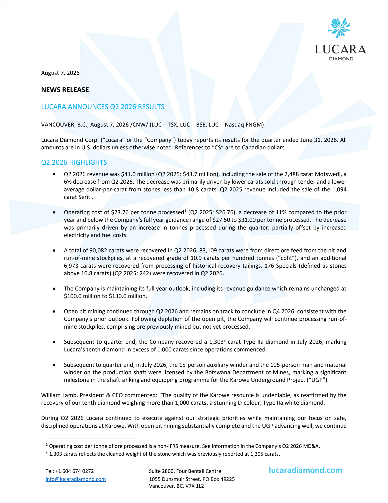 Lucara Diamond's Q2 2026 Press Release