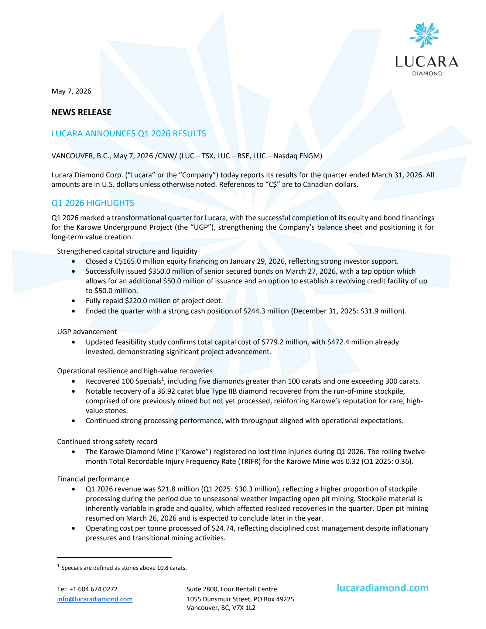 Lucara Diamond's Q1 2026 Press Release