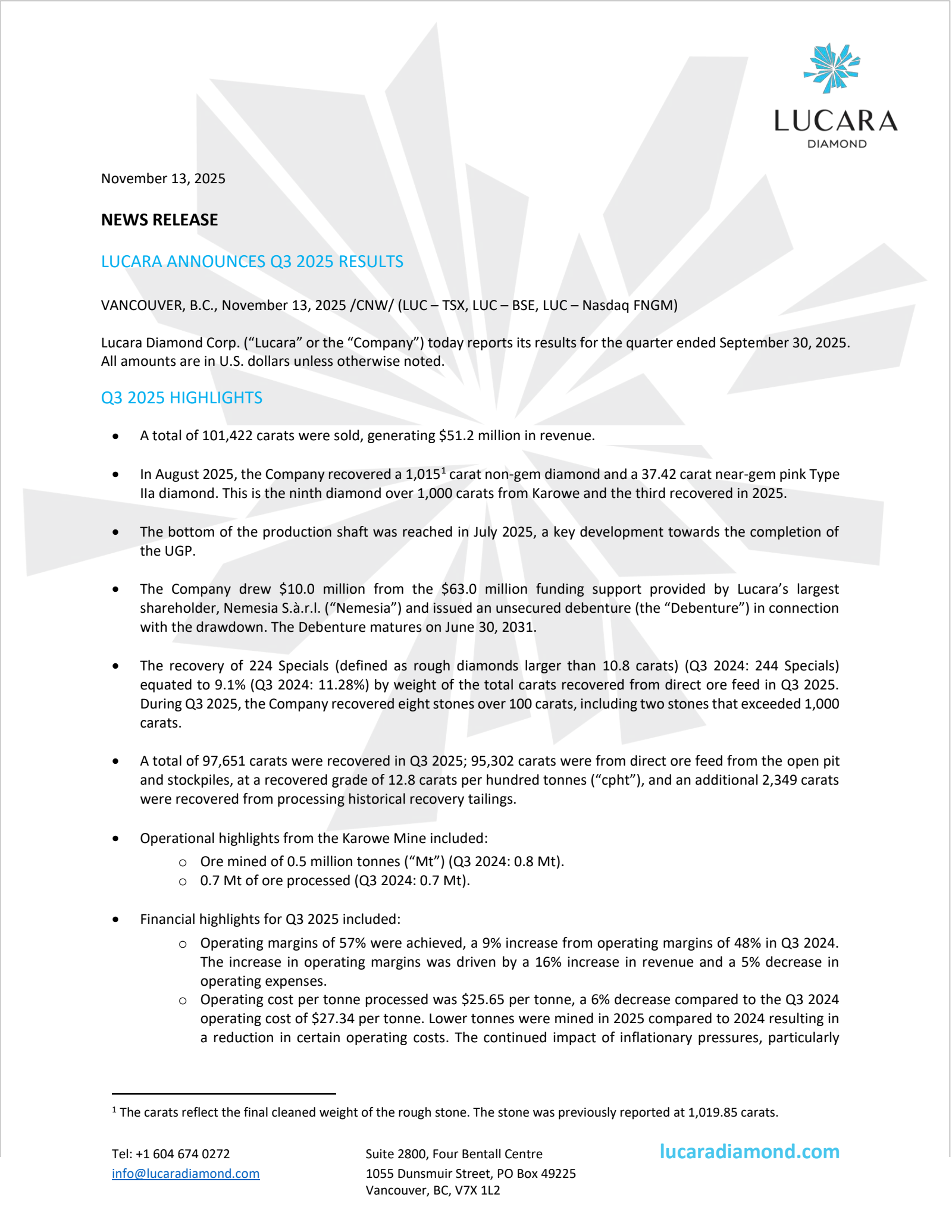 Lucara Diamond's Q3 2025 Earnings Release
