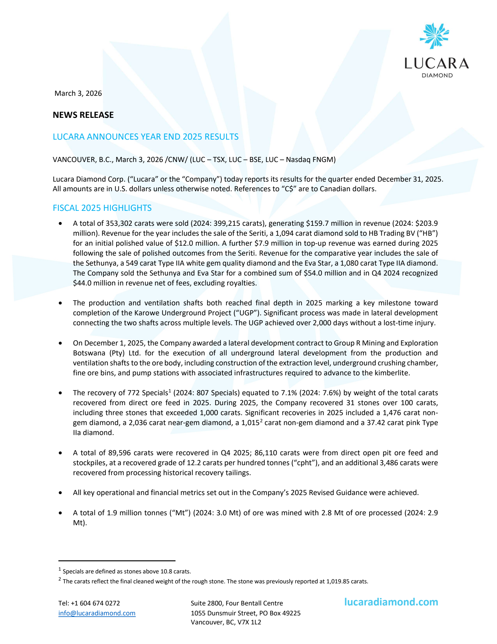 Lucara Diamond's Q4 2025 Press Release