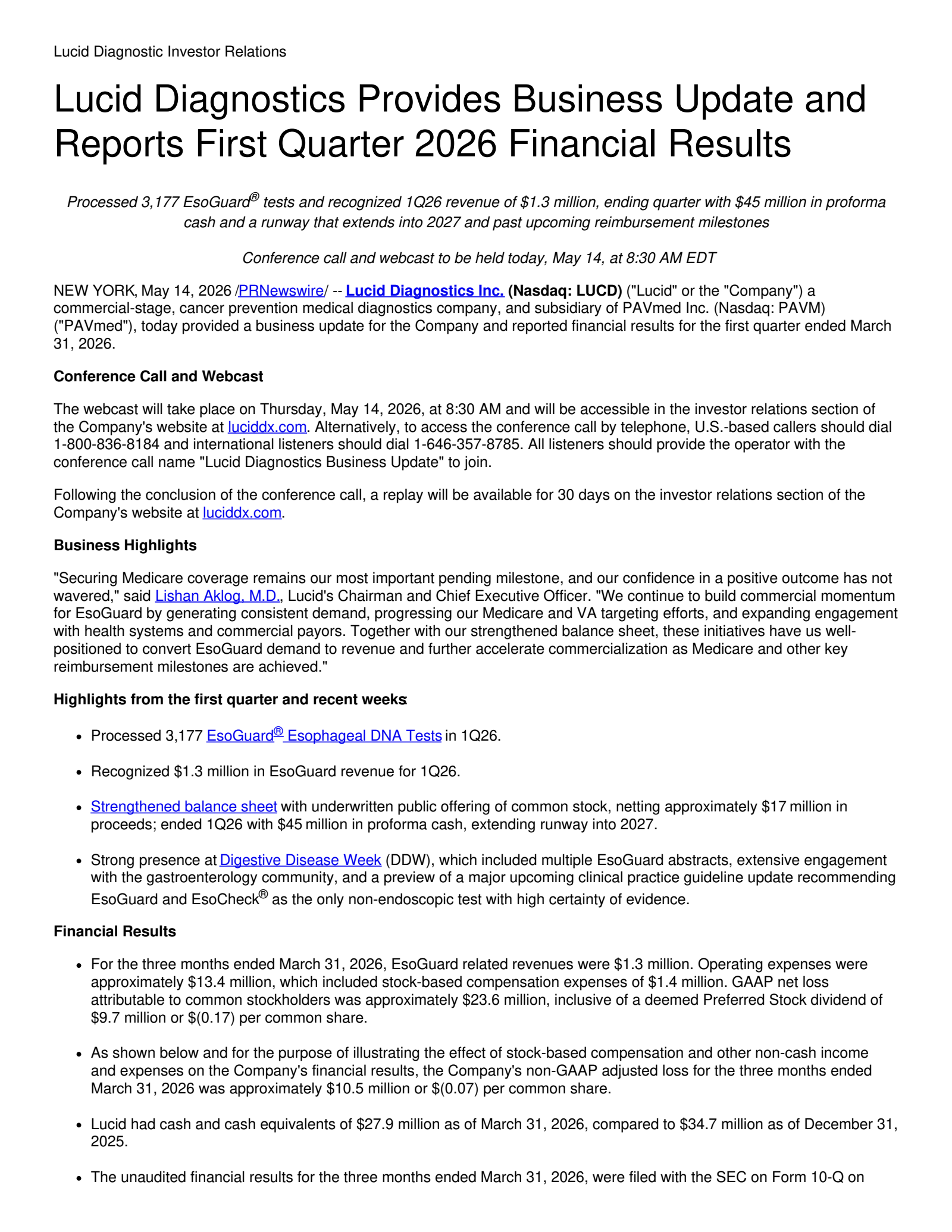 Lucid Diagnostics' Q1 2026 Press Release