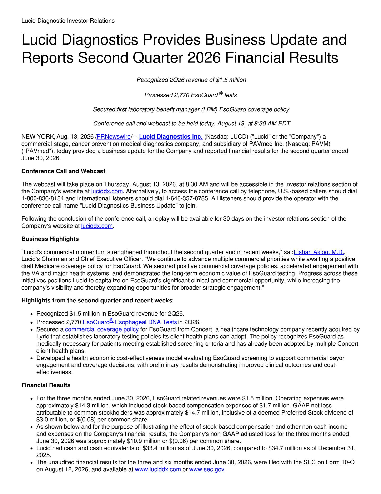 Lucid Diagnostics' Q2 2026 Press Release