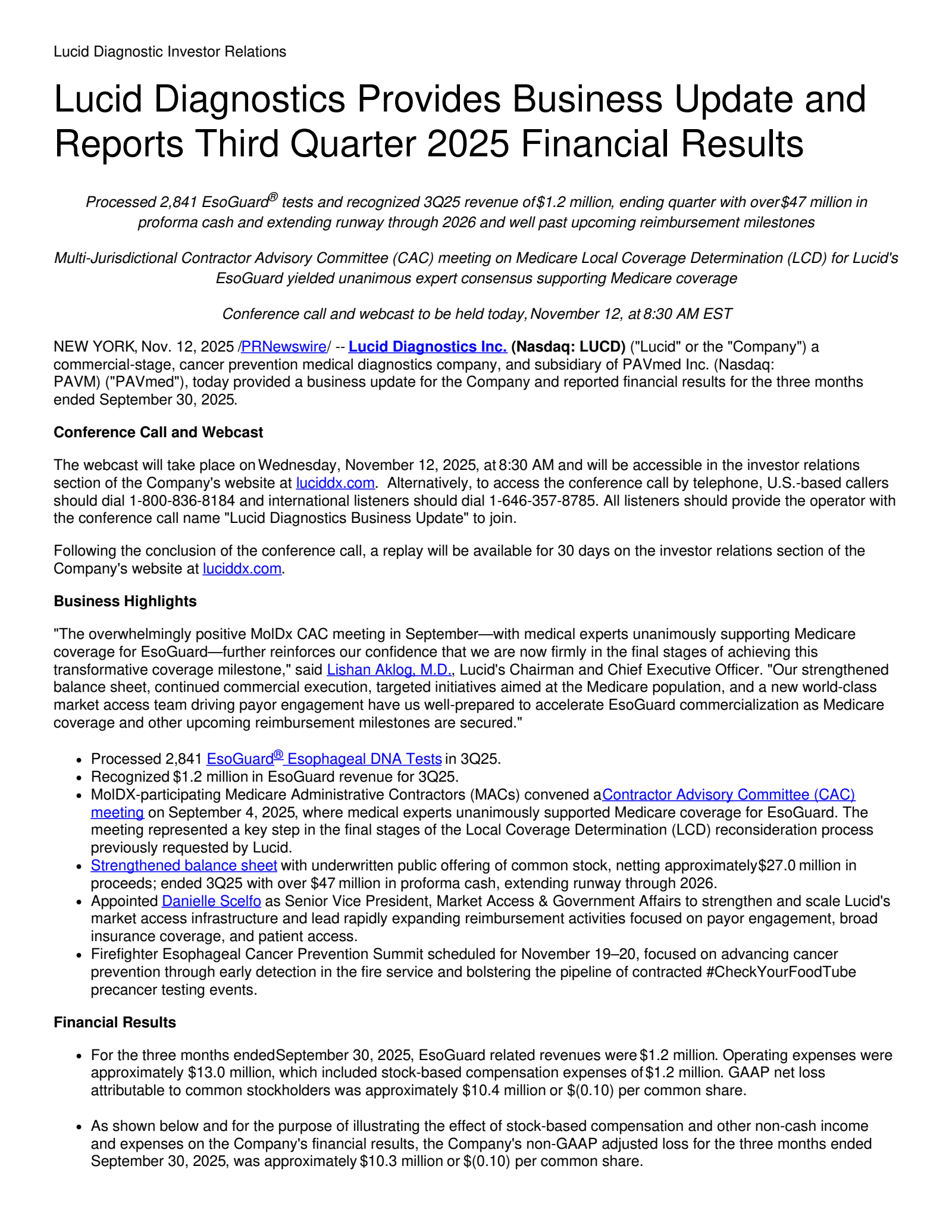 Lucid Diagnostics' Q3 2025 Earnings Release