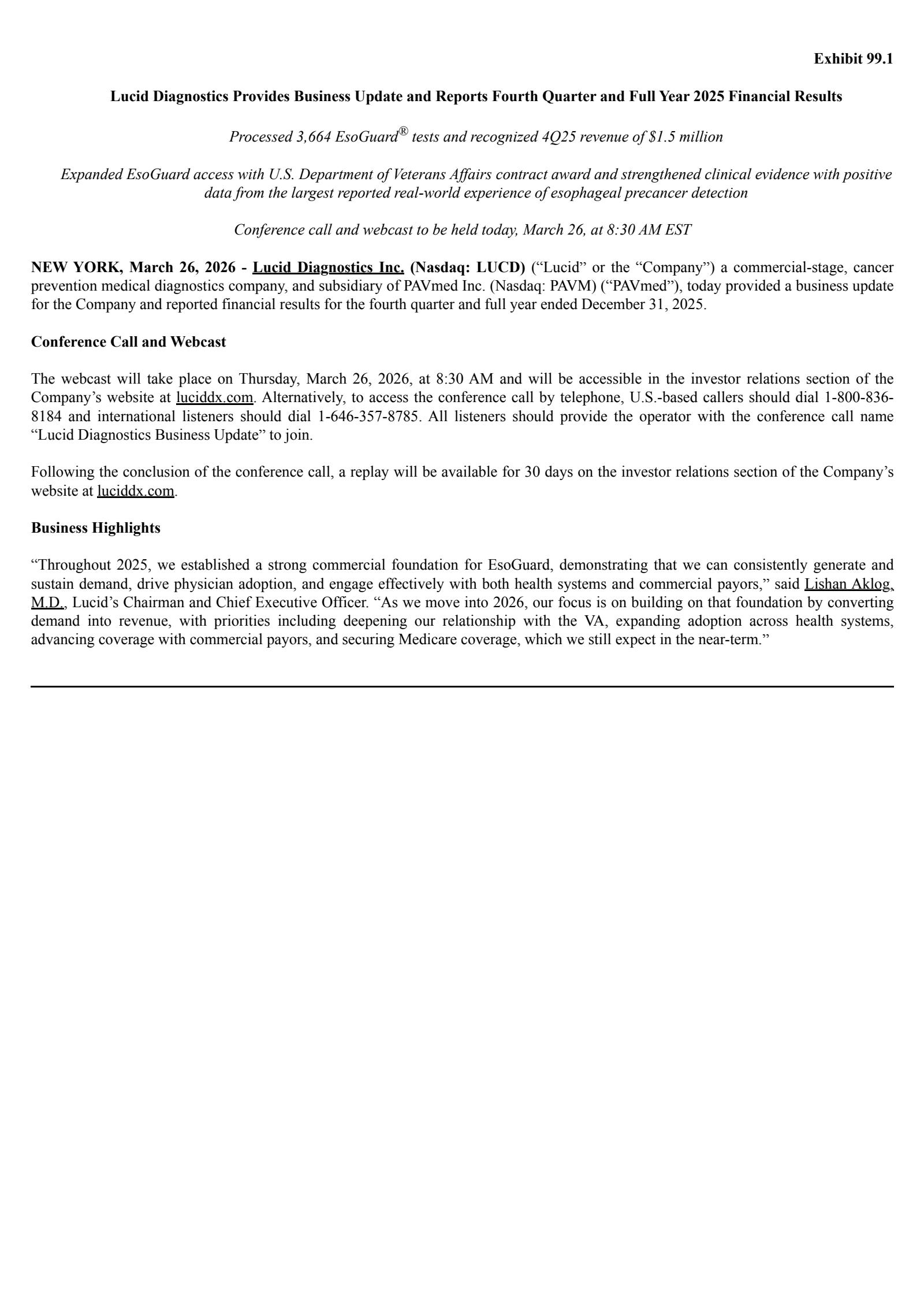 Lucid Diagnostics' Q4 2025 Press Release