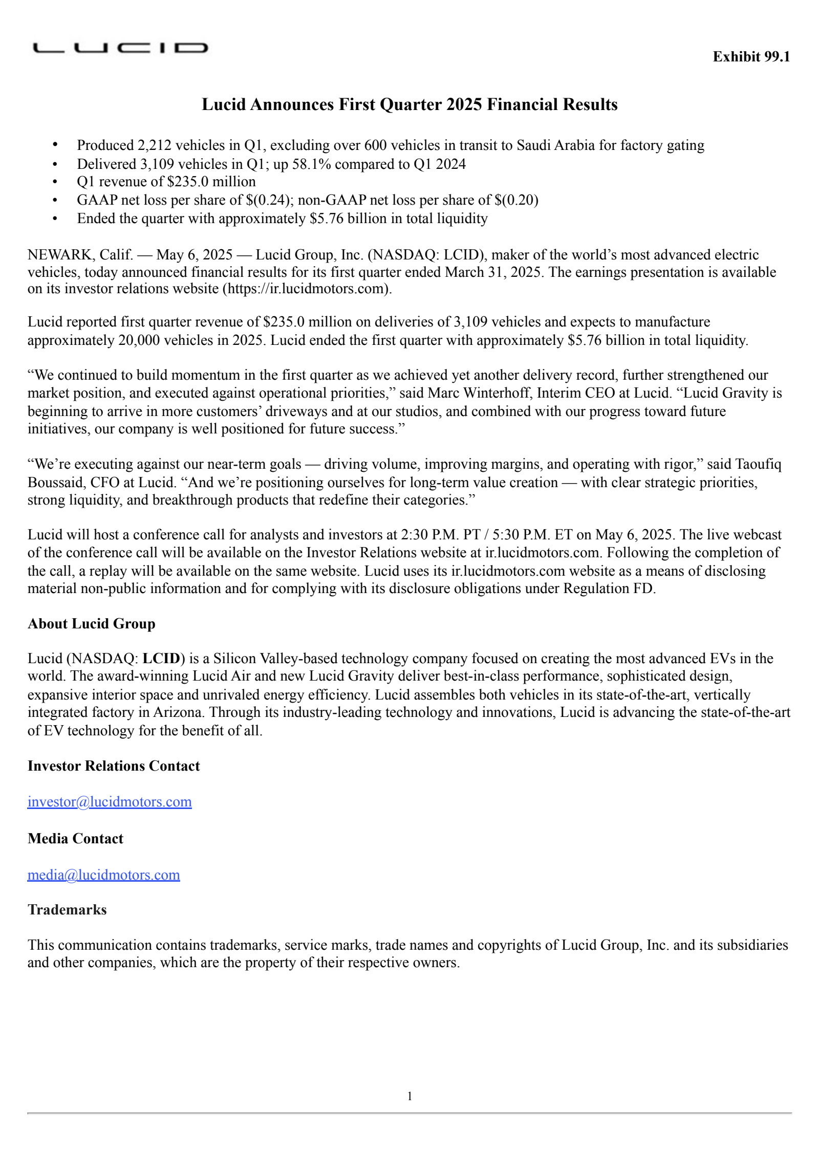 Lucid Group's Q1 2025 Press Release