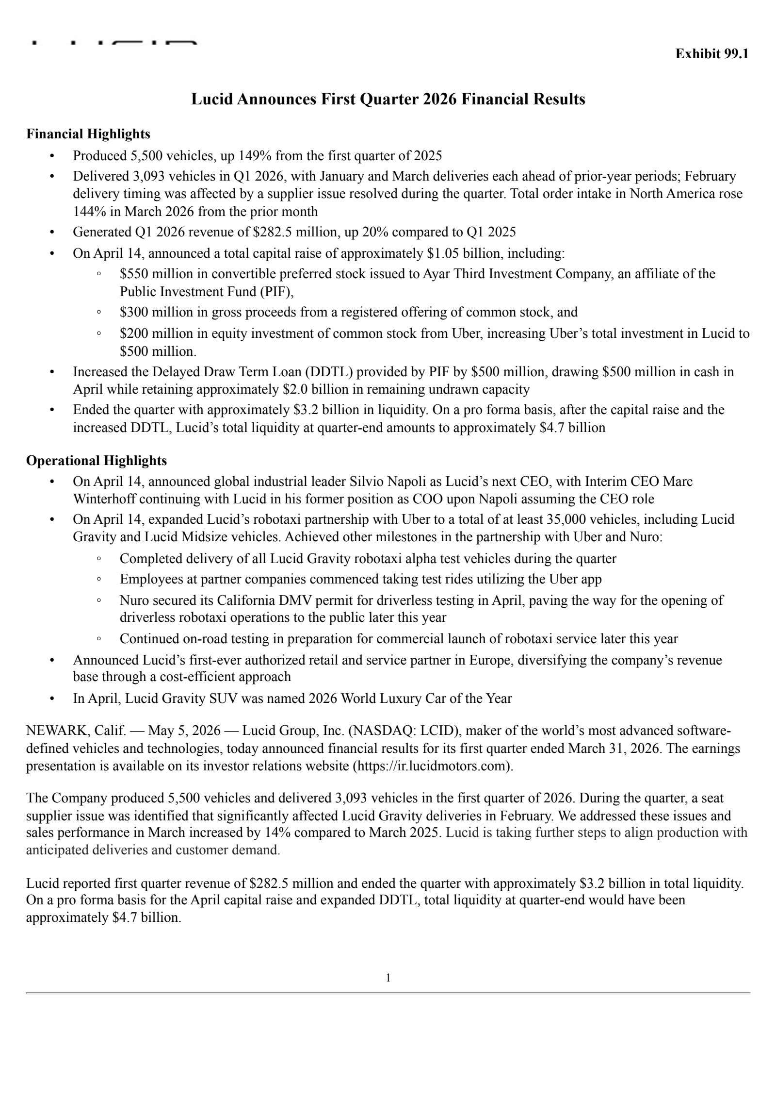 Lucid Group's Q1 2026 Press Release