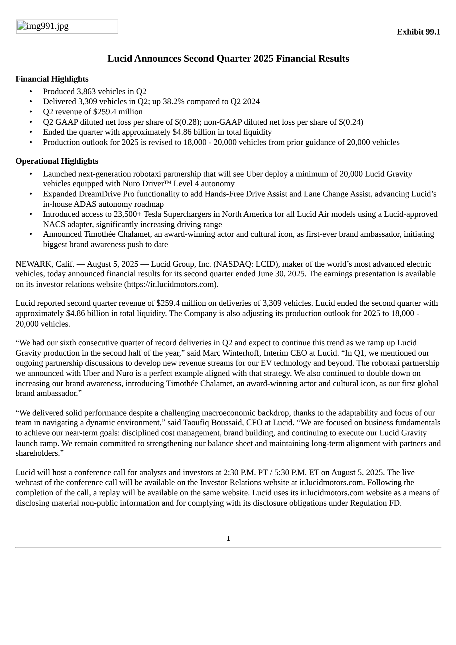 Lucid Group's Q2 2025 Press Release