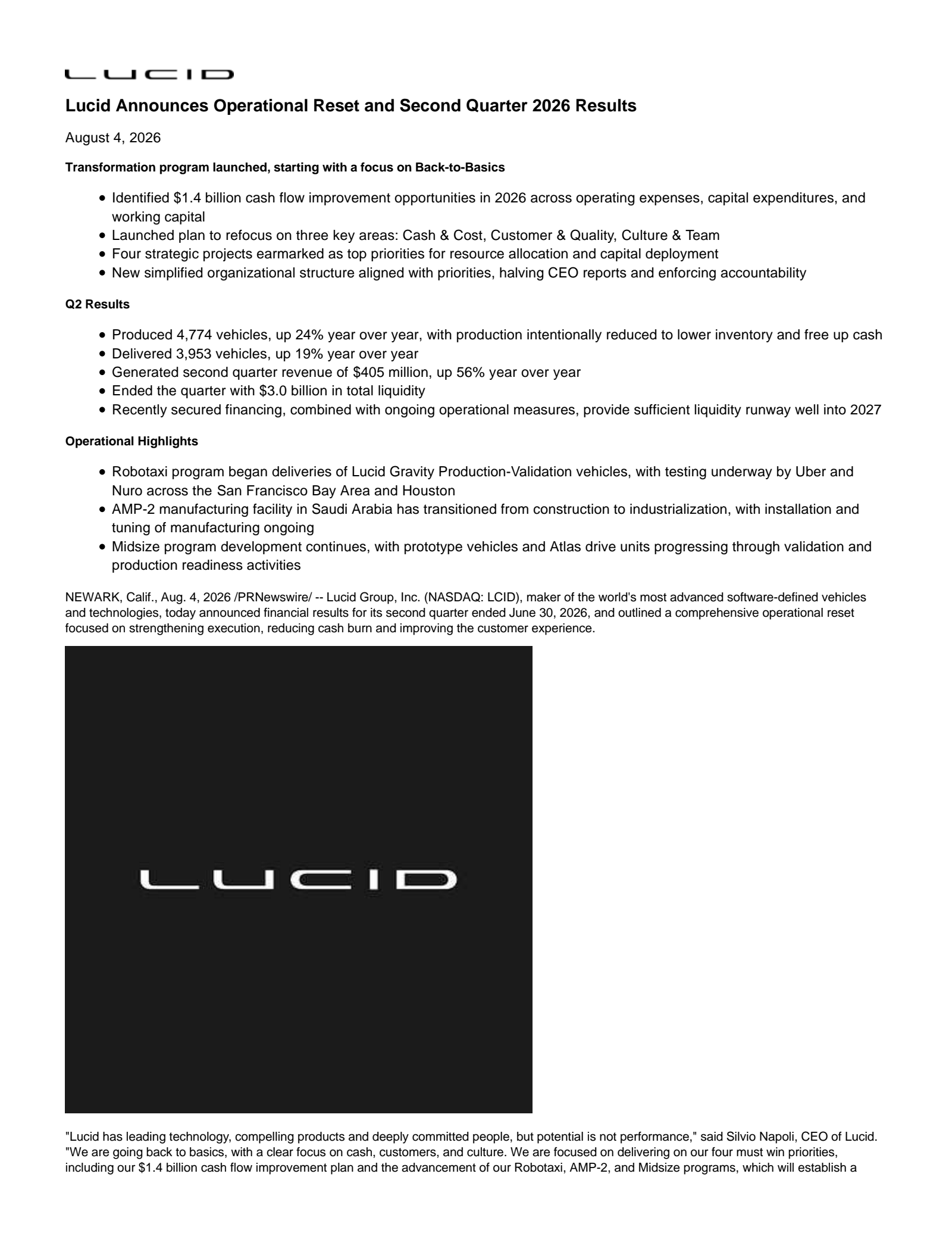 Lucid Group's Q2 2026 Press Release