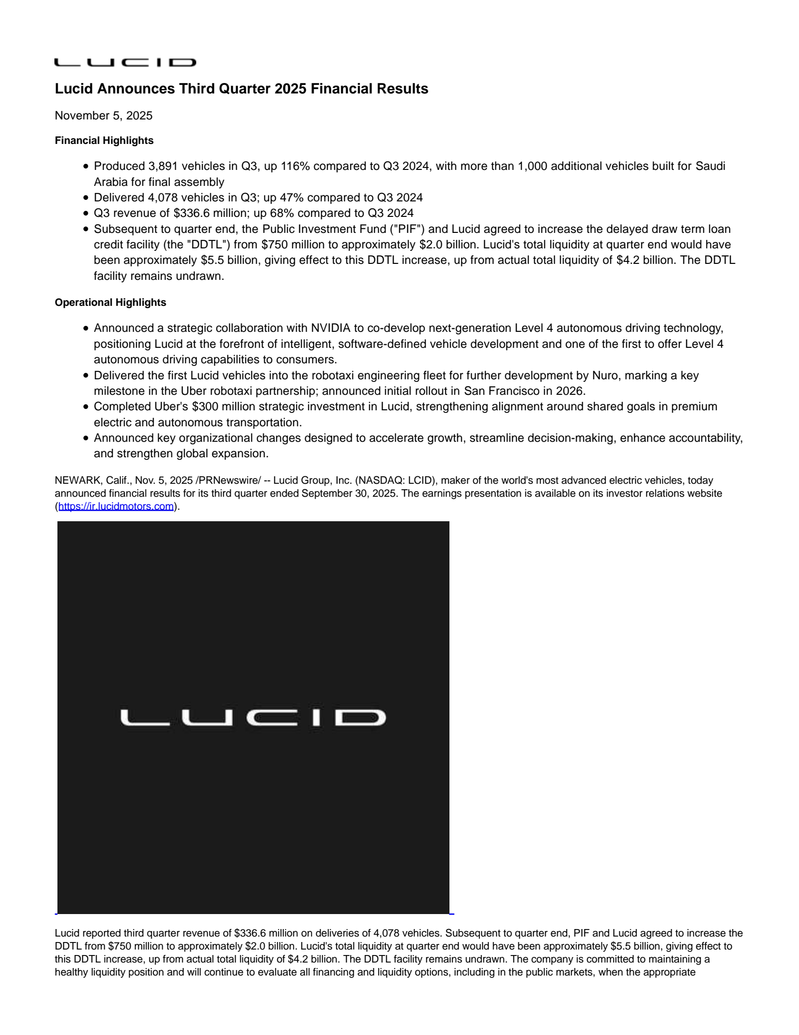 Lucid Group's Q3 2025 Earnings Release