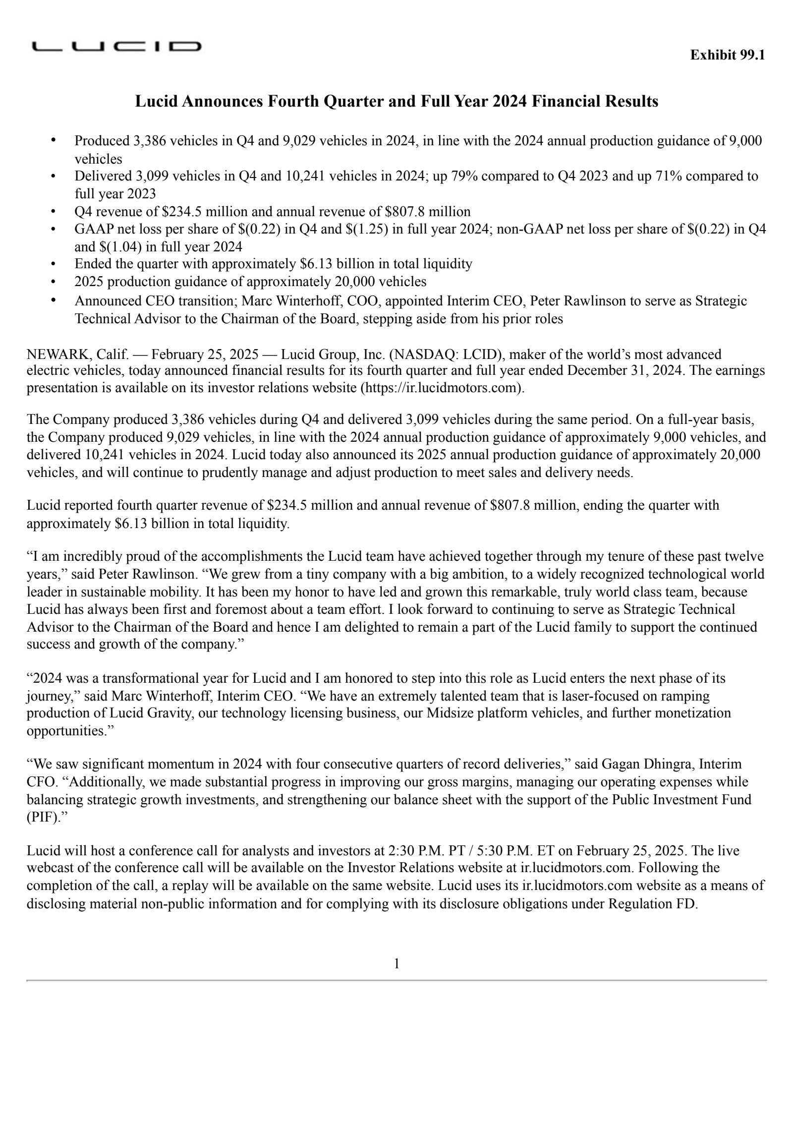 Lucid Group's Q4 2024 Press Release