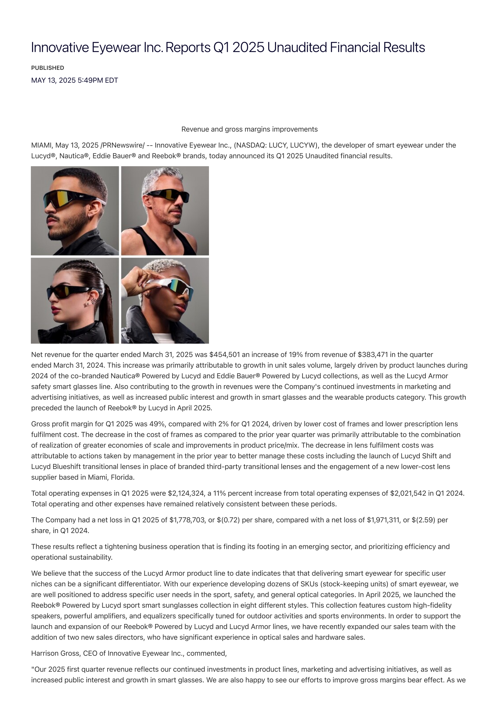 Innovative Eyewear's Q1 2025 Press Release