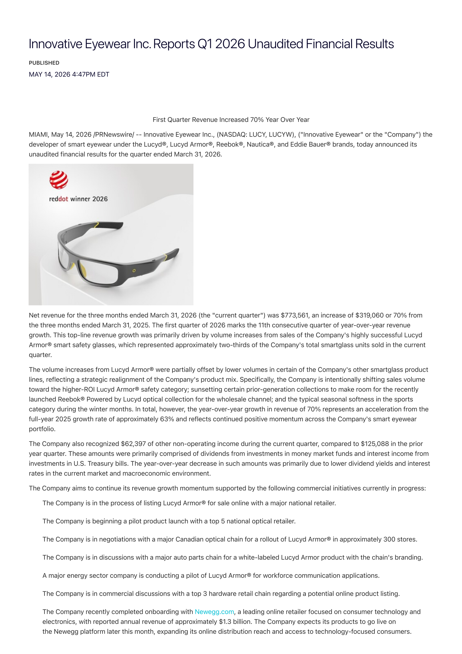 Innovative Eyewear's Q1 2026 Press Release