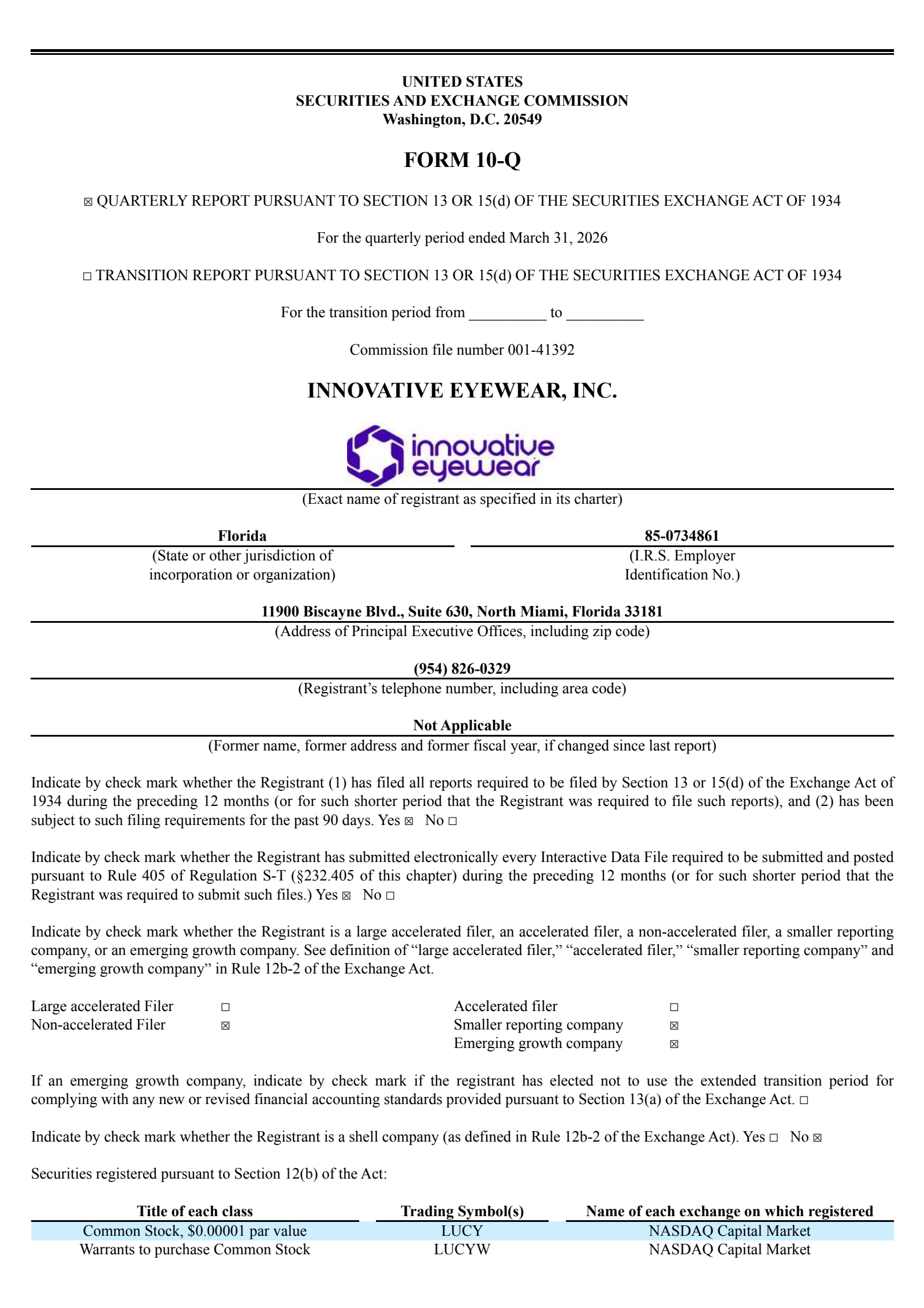 Innovative Eyewear's Q1 2026 Quarterly report