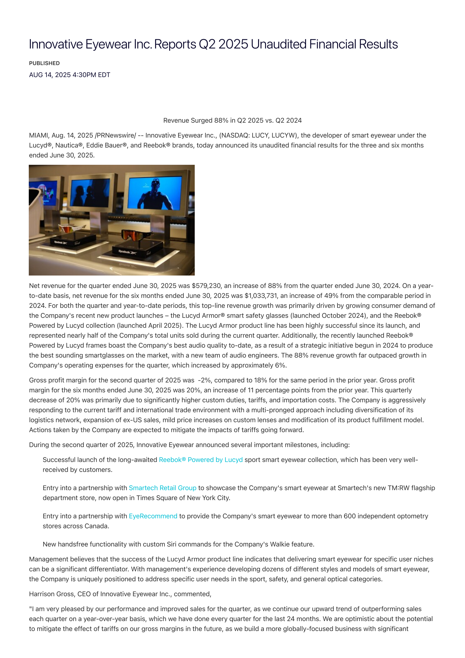 Innovative Eyewear's Q2 2025 Press Release