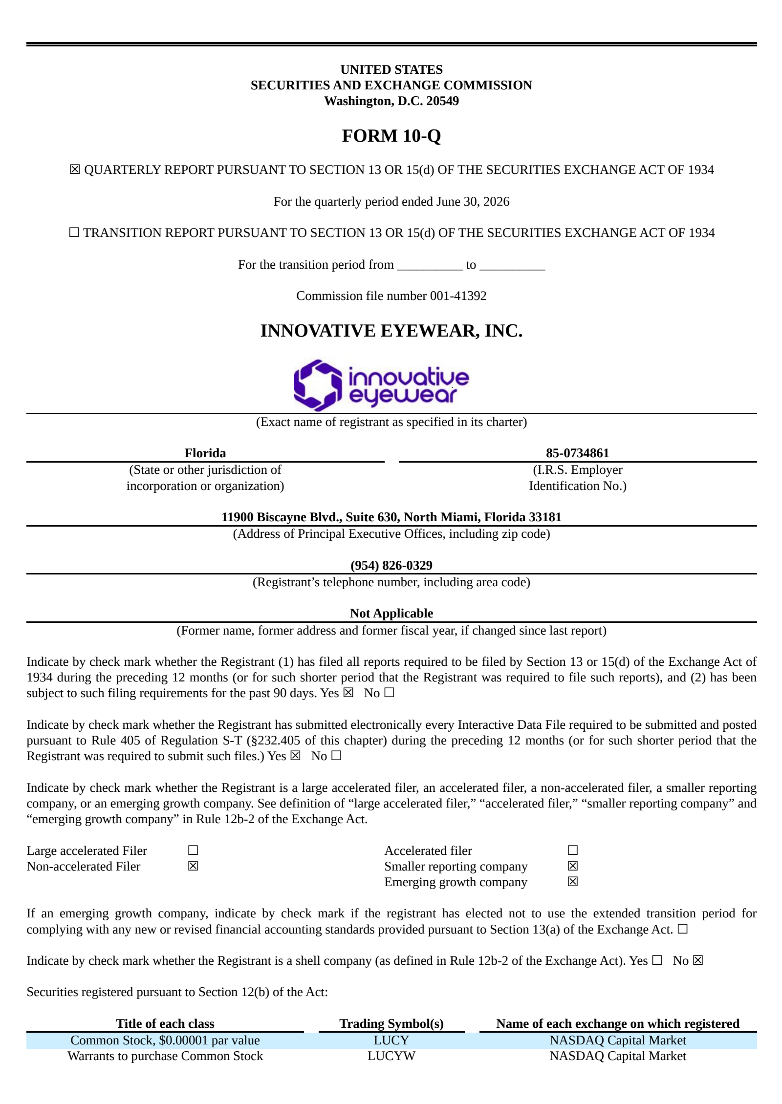 Innovative Eyewear's Q2 2026 Quarterly report