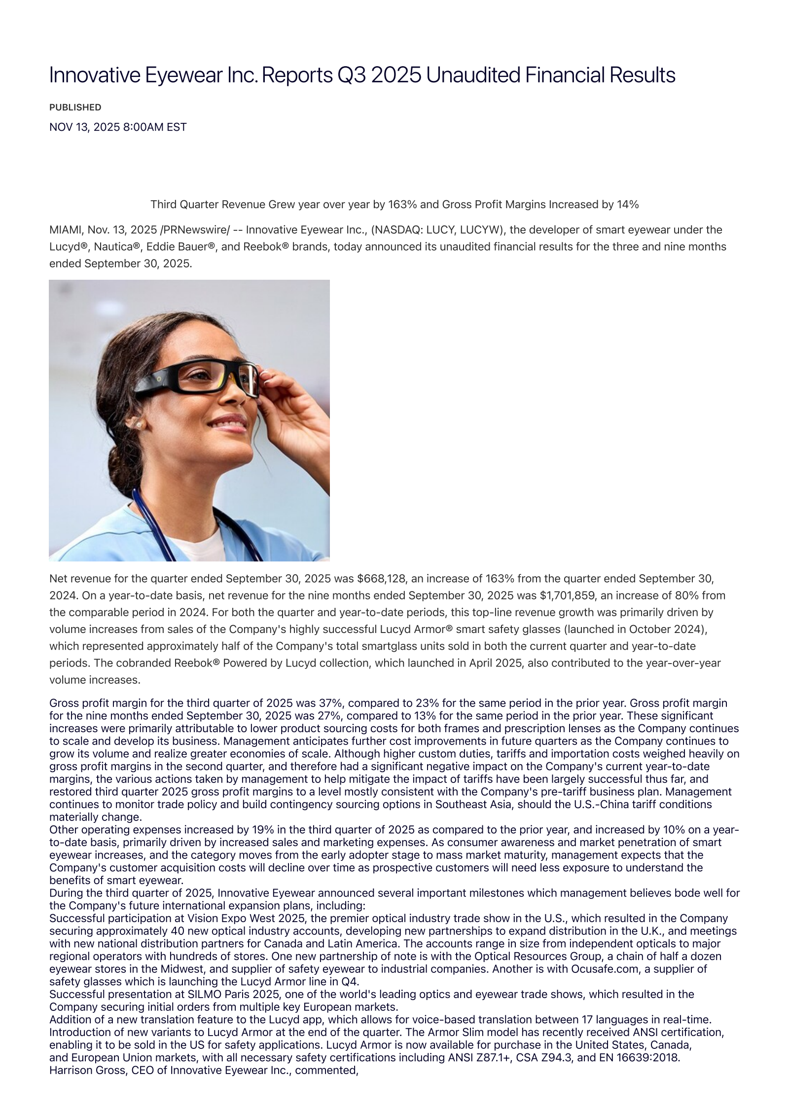 Innovative Eyewear's Q3 2025 Press Release