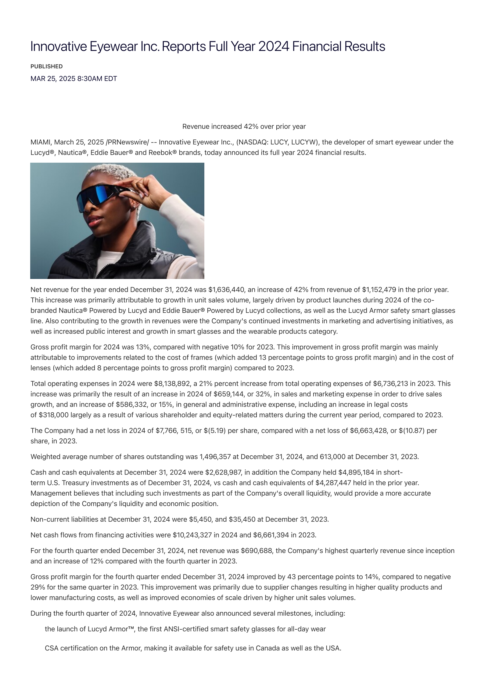 Innovative Eyewear's Q4 2024 Press Release