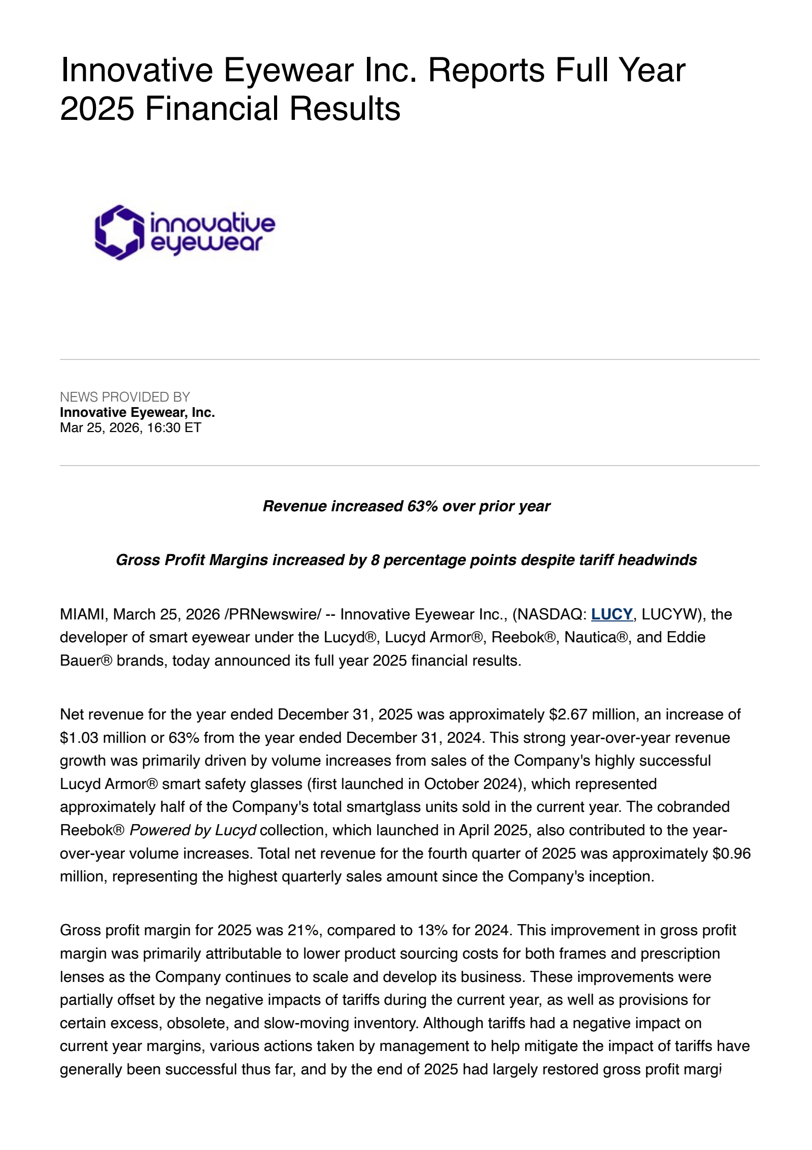 Innovative Eyewear's Q4 2025 Press Release