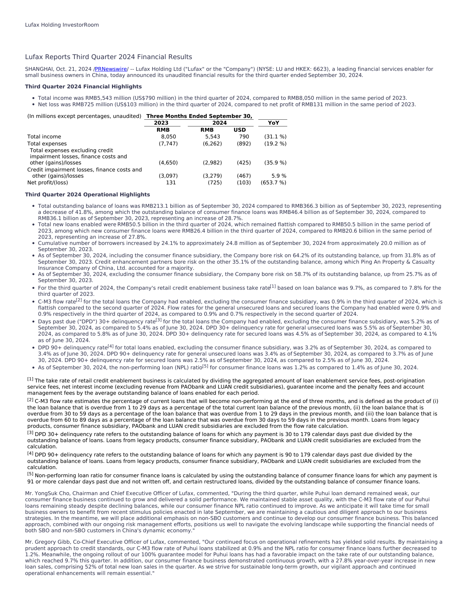 Lufax's Q3 2024 Press Release