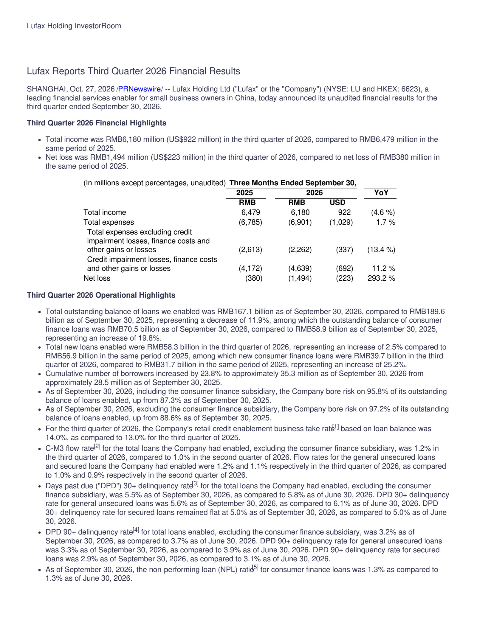 Lufax's Q3 2026 Press Release