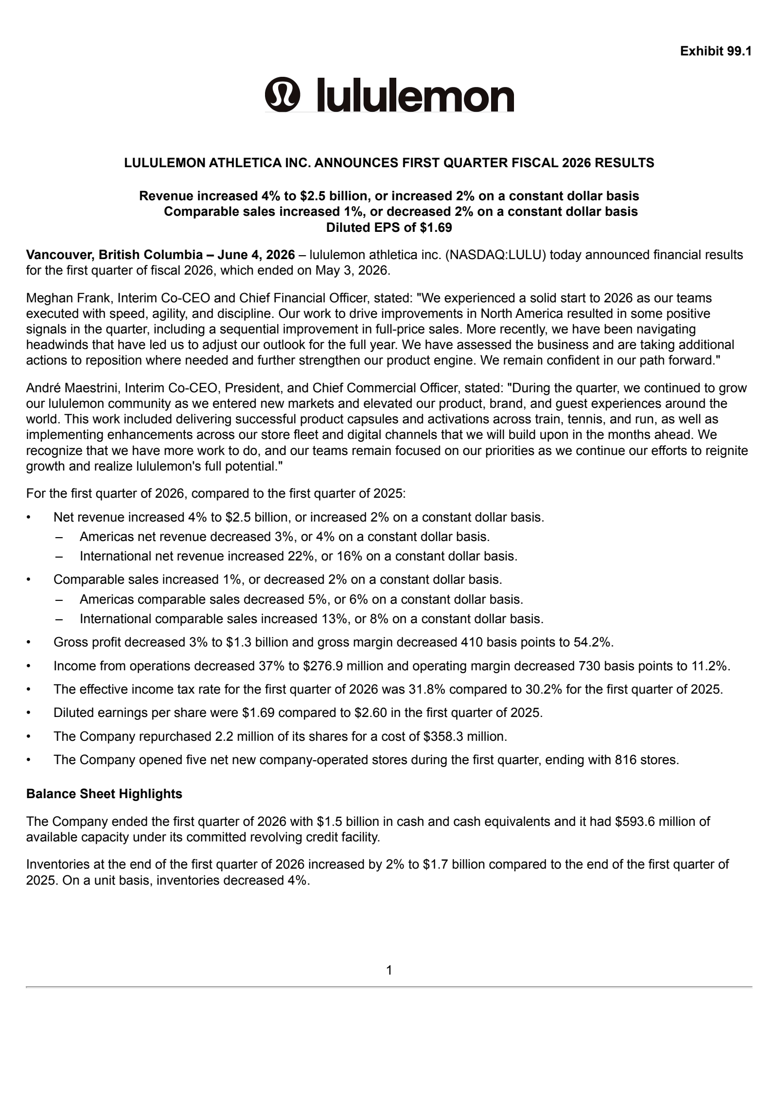 lululemon athletica's Q1 2026 Press Release