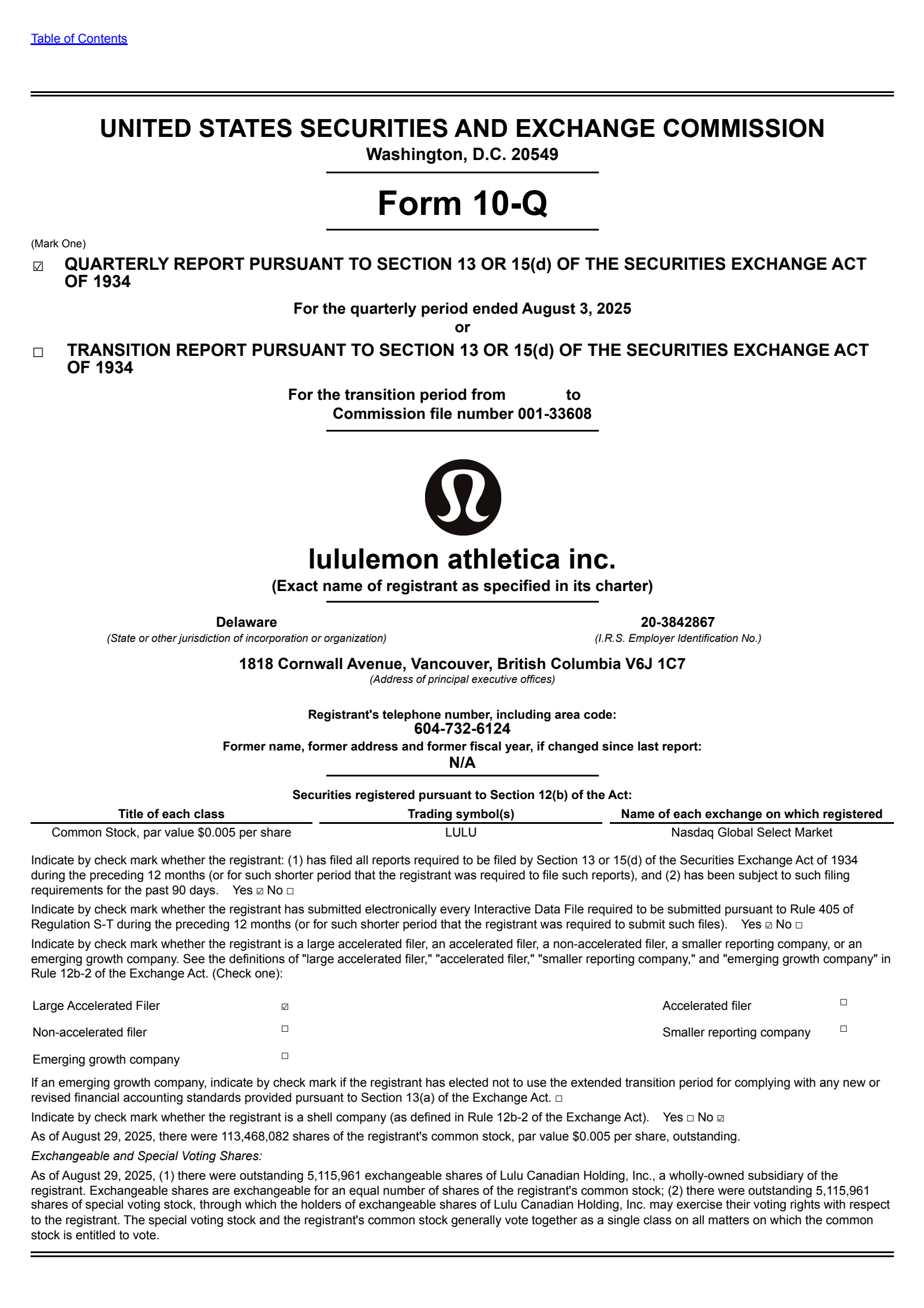lululemon athletica's Q2 2026 Quarterly report