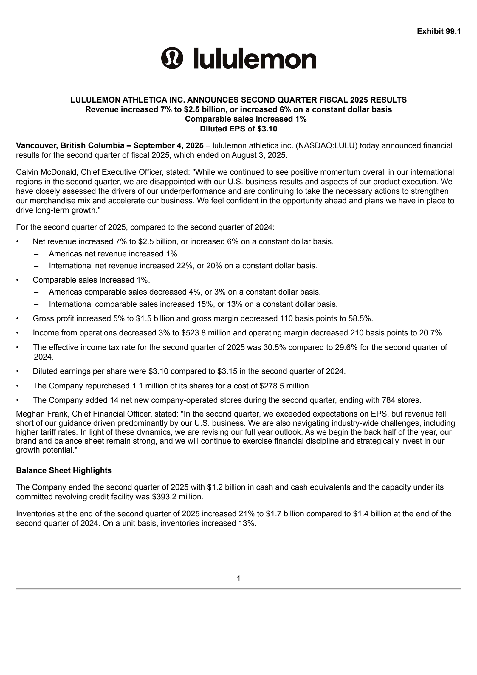 lululemon athletica's Q2 2026 Press Release