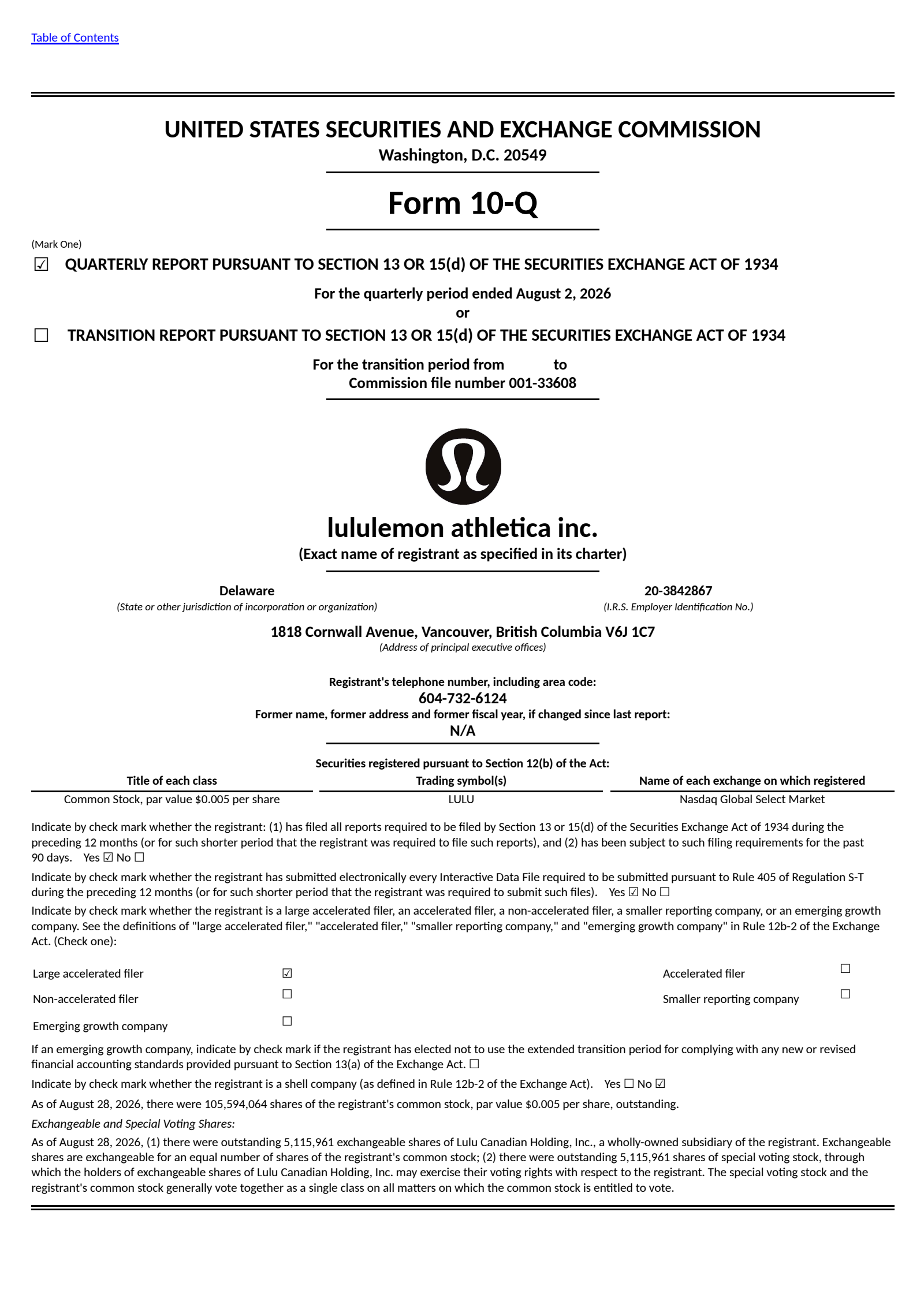 lululemon athletica's Q2 2026 Quarterly report