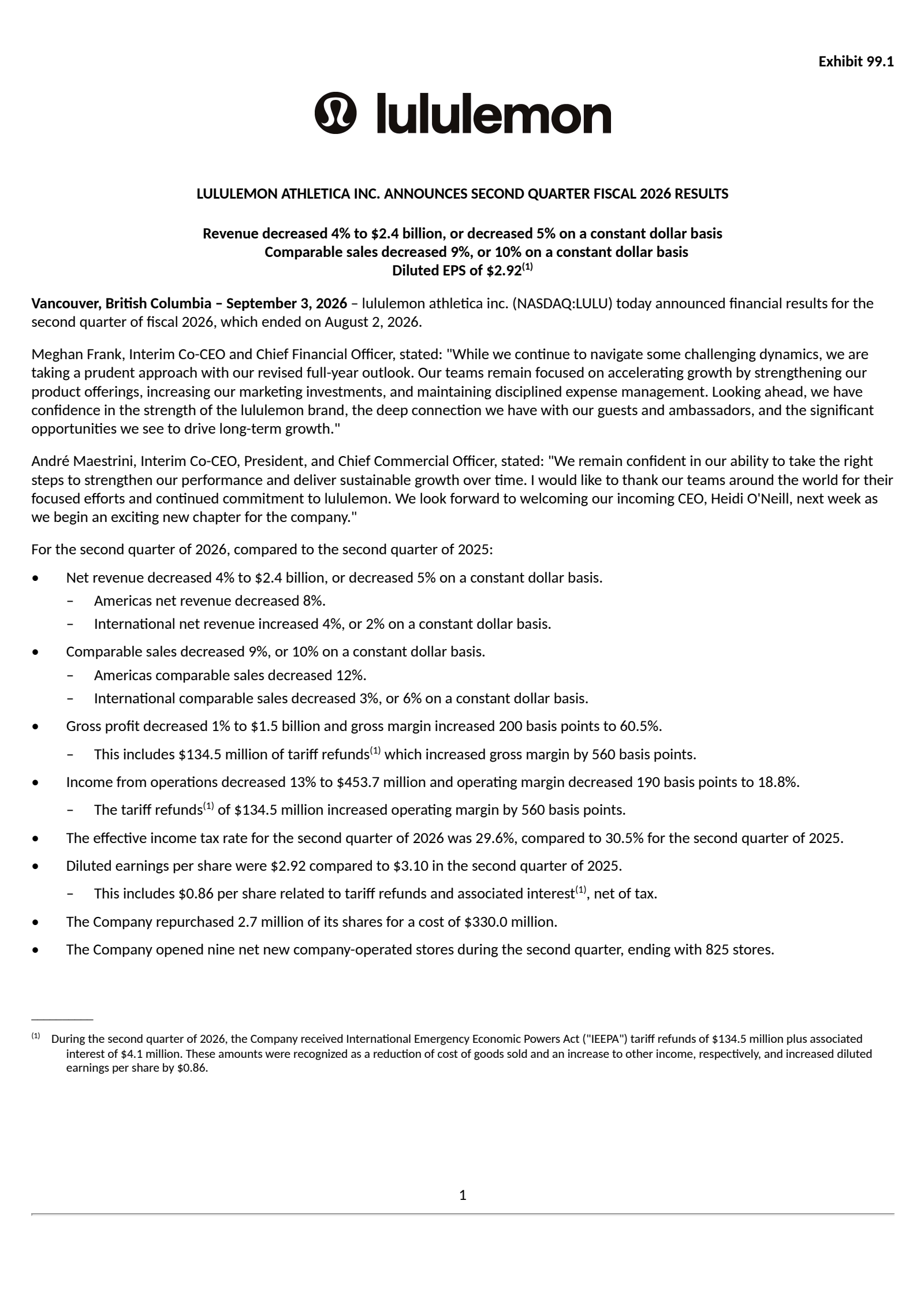 lululemon athletica's Q2 2026 Press Release
