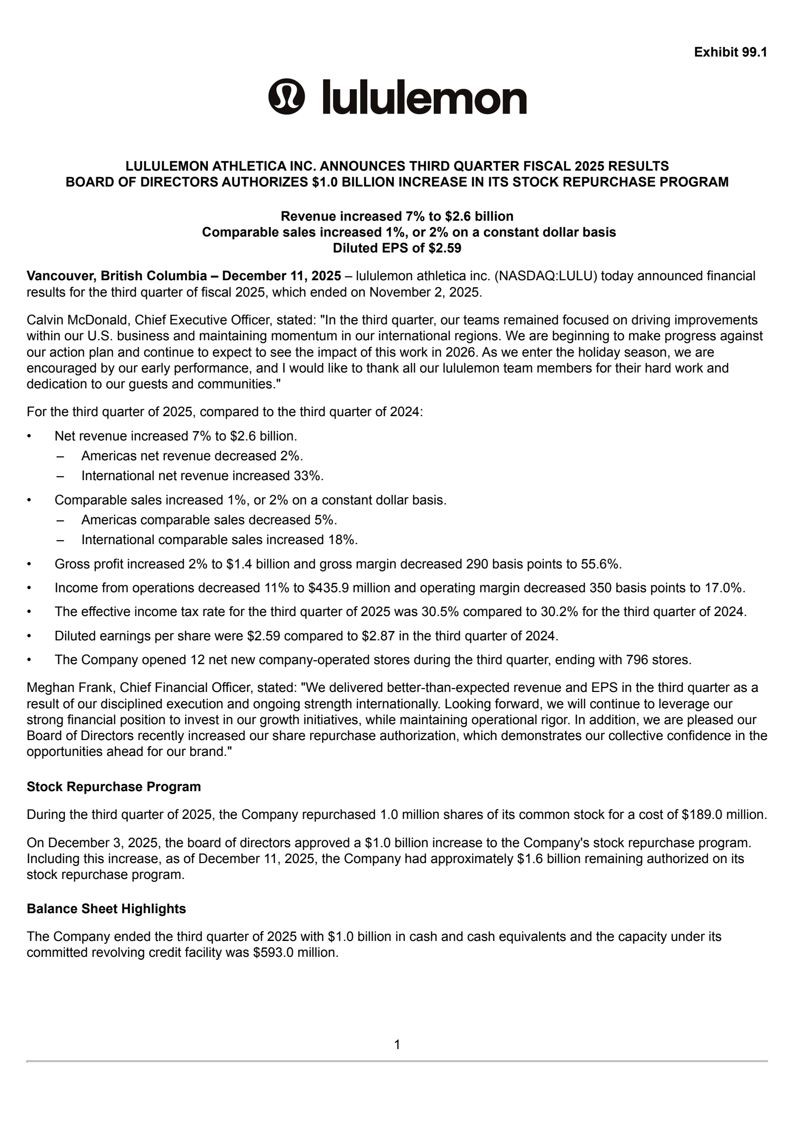 lululemon athletica's Q3 2025 Earnings Release