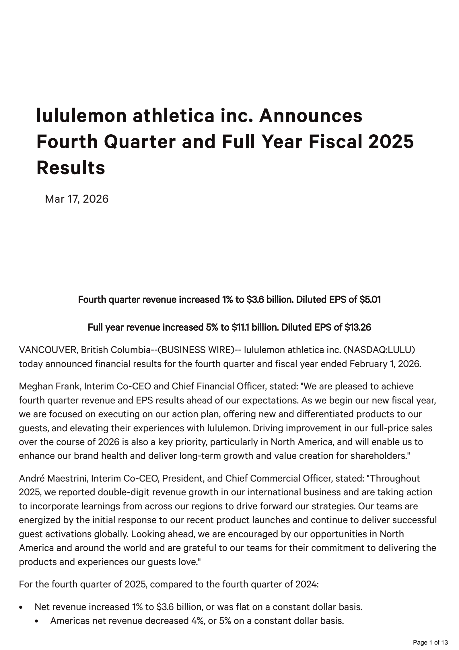 lululemon athletica's Q4 2025 Press Release