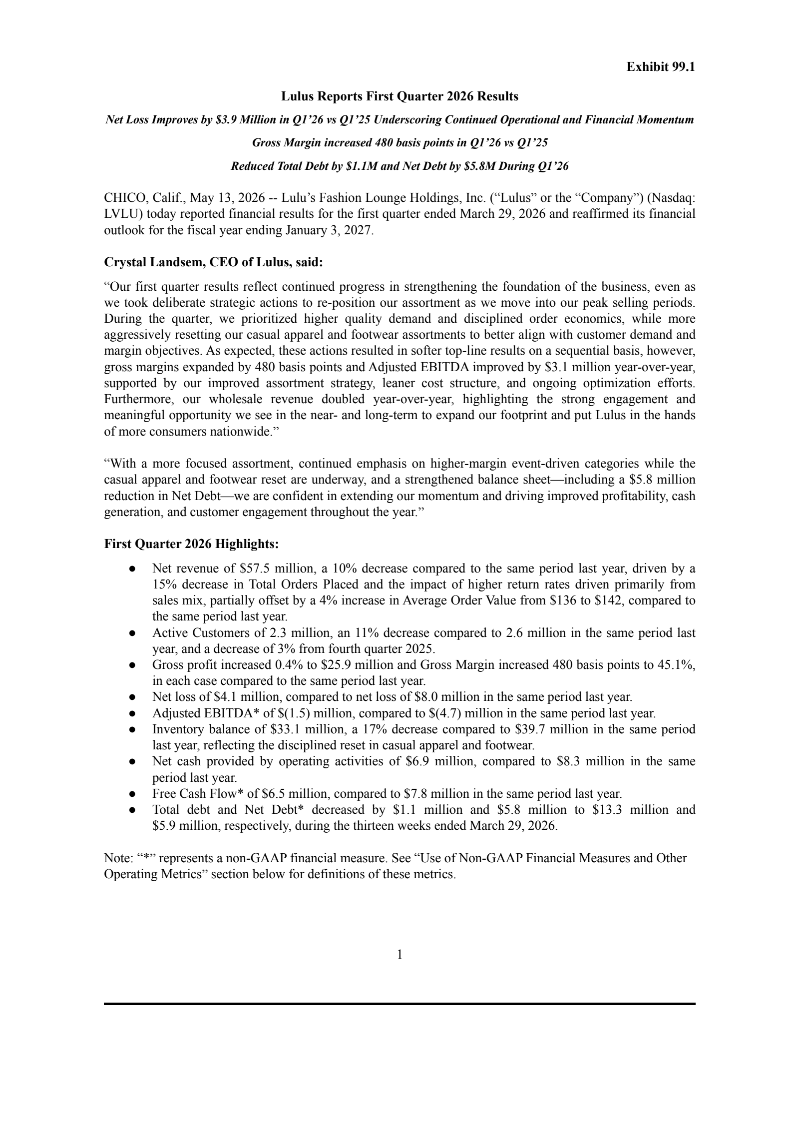 Lulu's Fashion Lounge's Q1 2026 Press Release