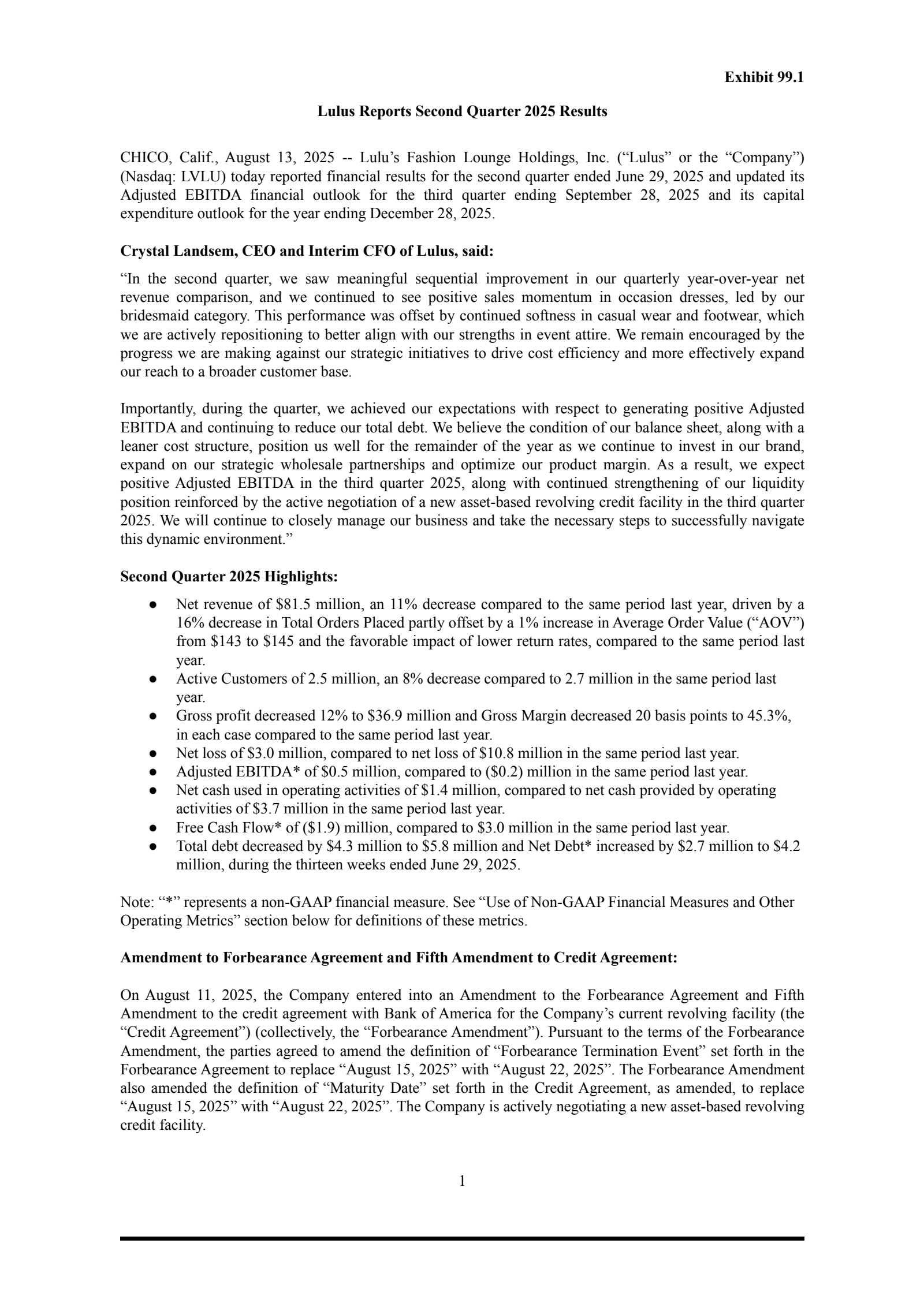 Lulu's Fashion Lounge's Q2 2025 Press Release