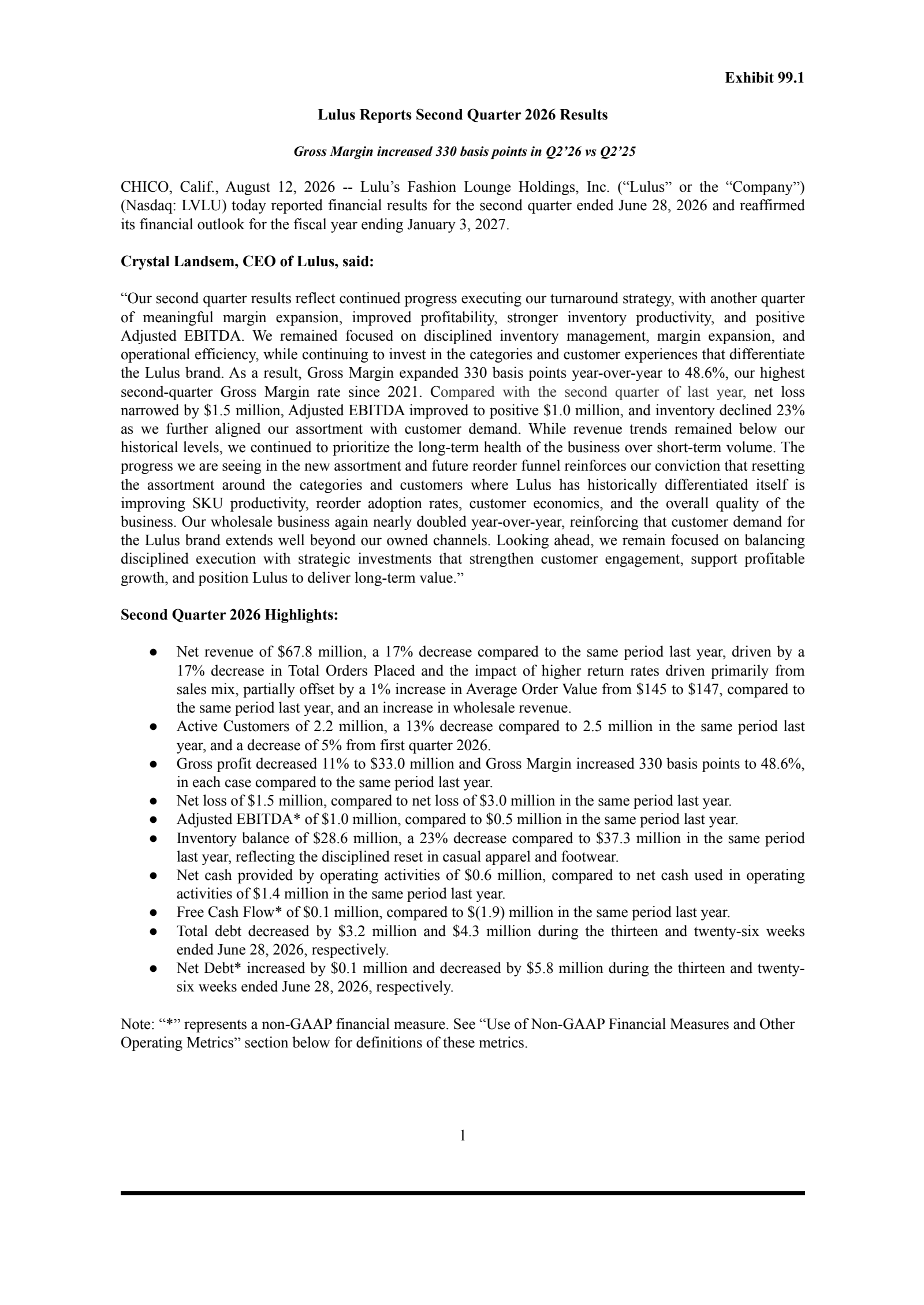 Lulu's Fashion Lounge's Q2 2026 Press Release