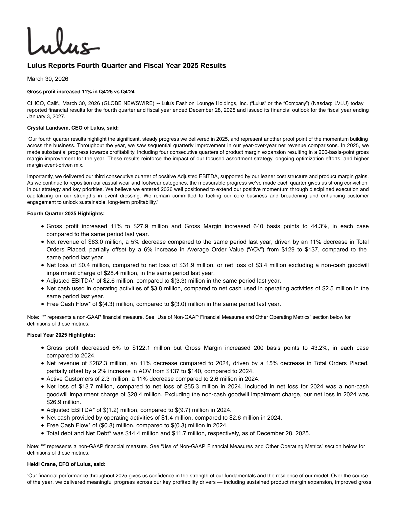 Lulu's Fashion Lounge's Q4 2025 Press Release