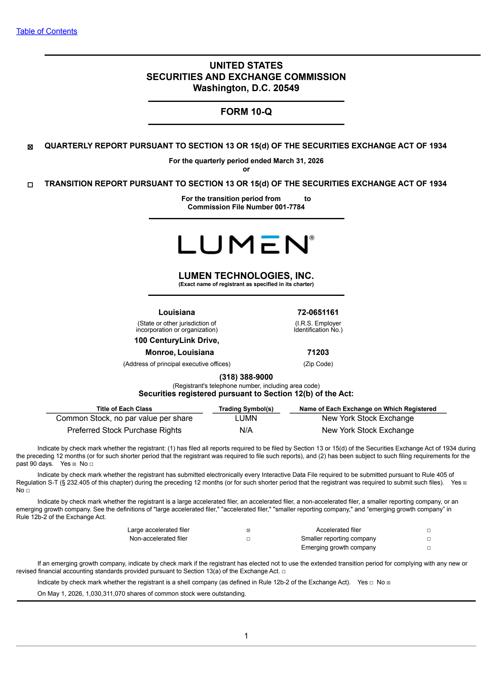Lumen Technologies' Q1 2026 Quarterly report