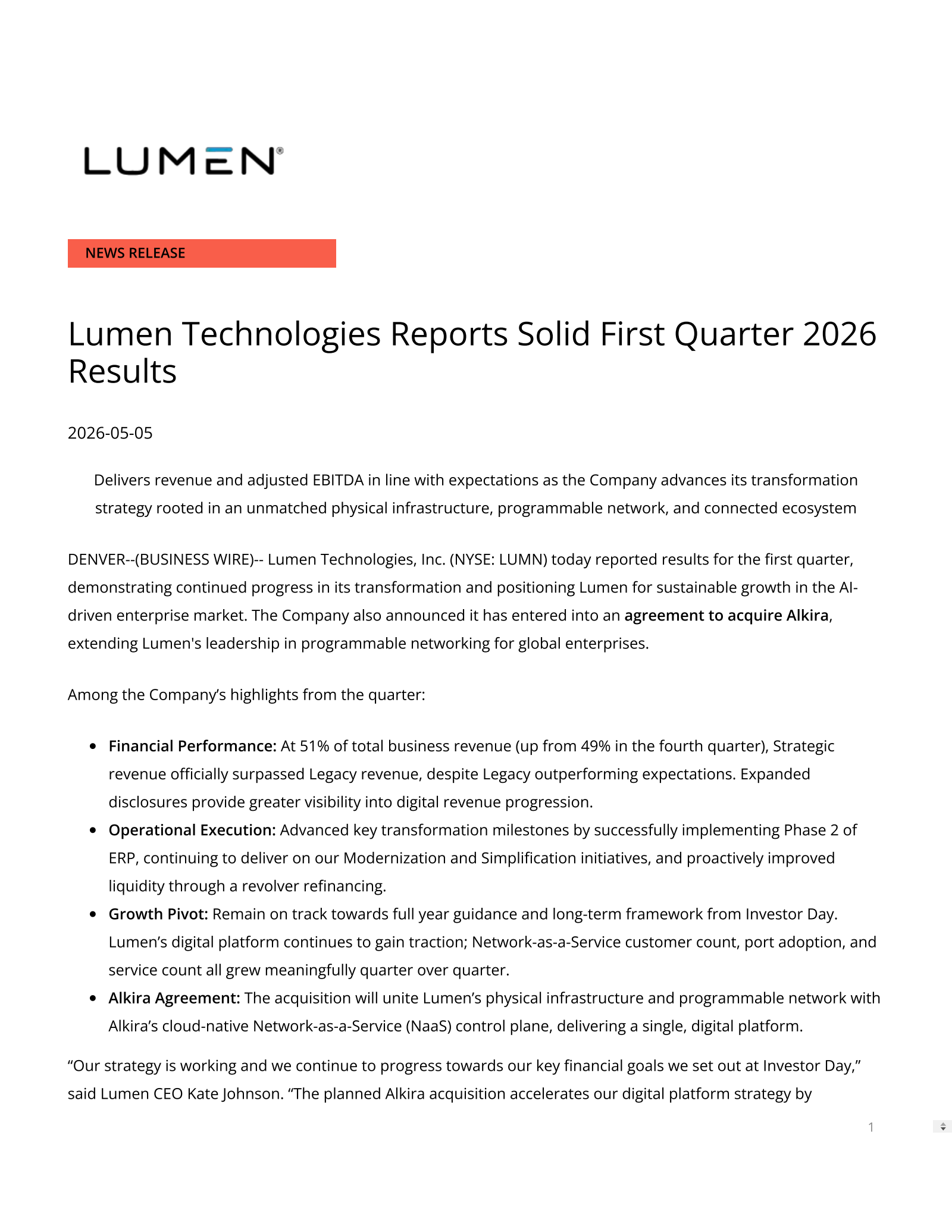 Lumen Technologies' Q1 2026 Press Release