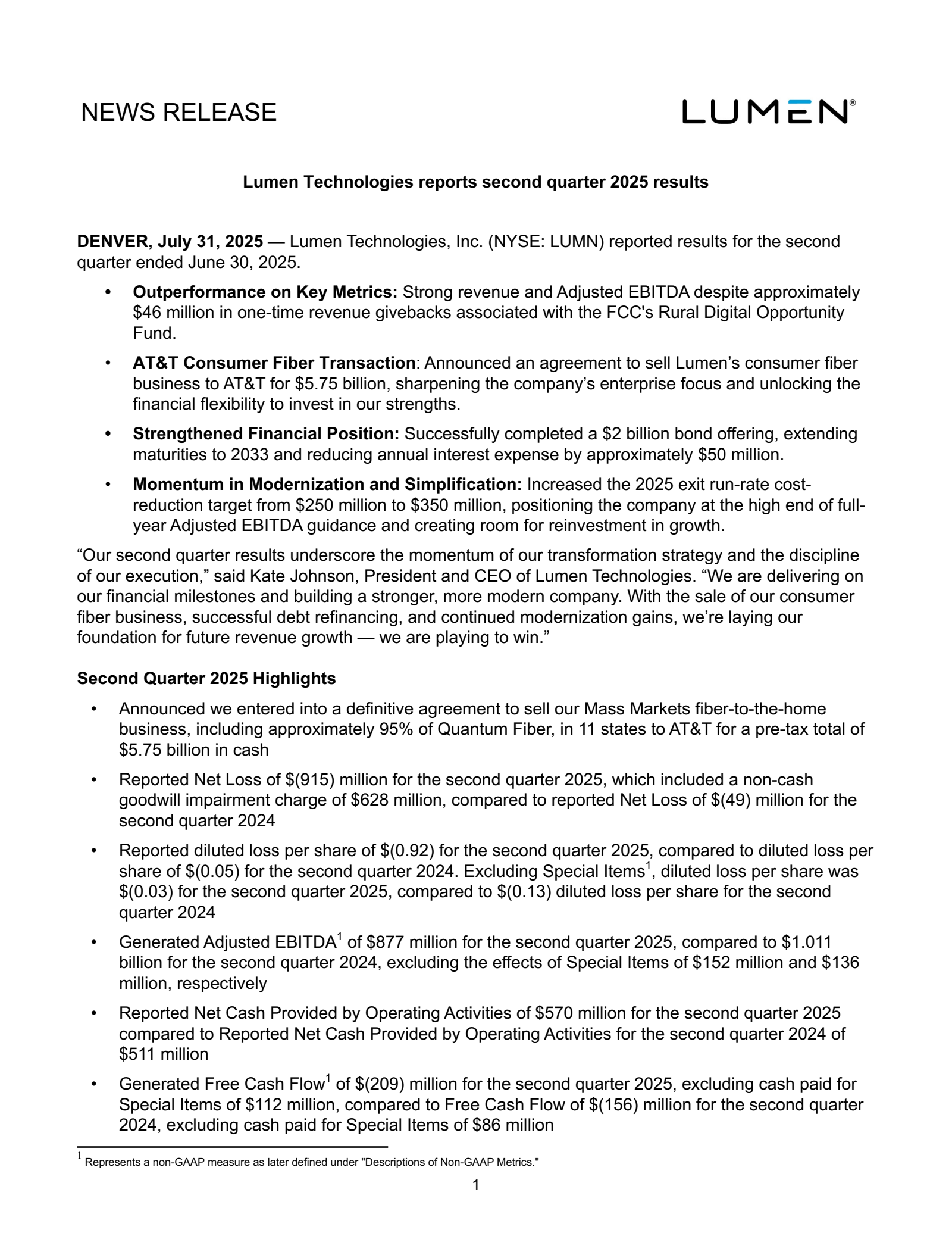 Lumen Technologies' Q2 2025 Press Release