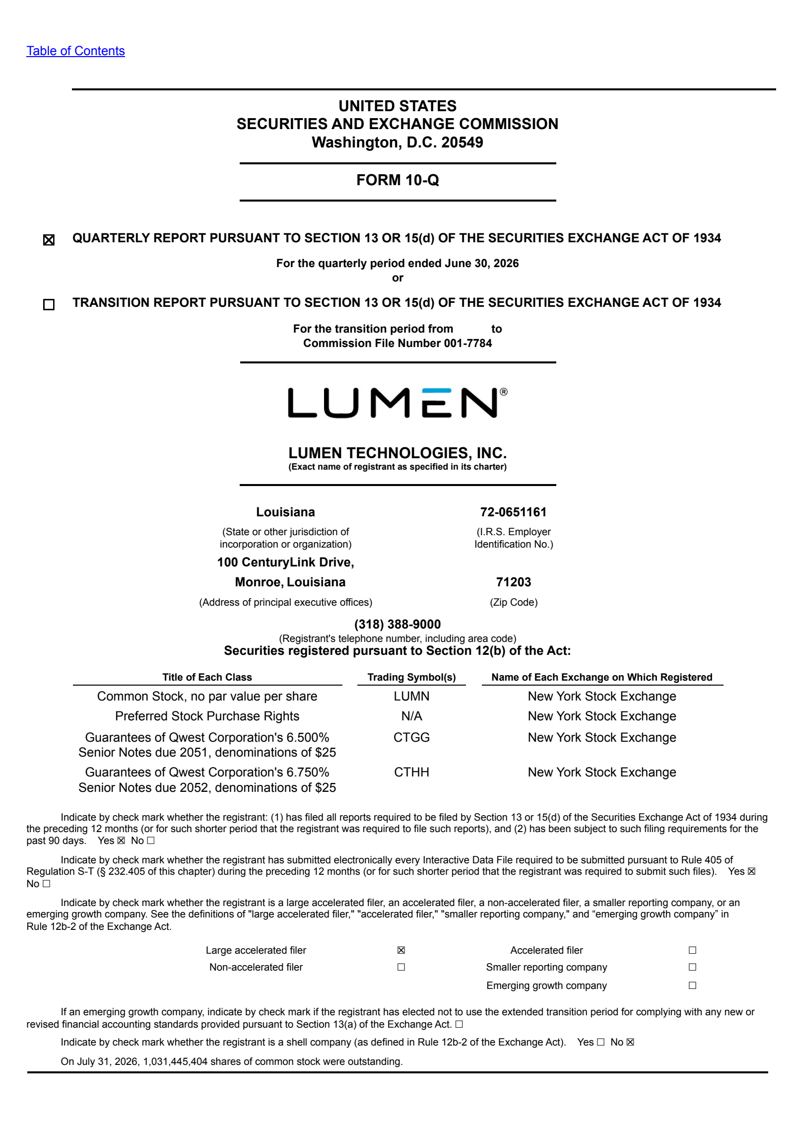 Lumen Technologies' Q2 2026 Quarterly report