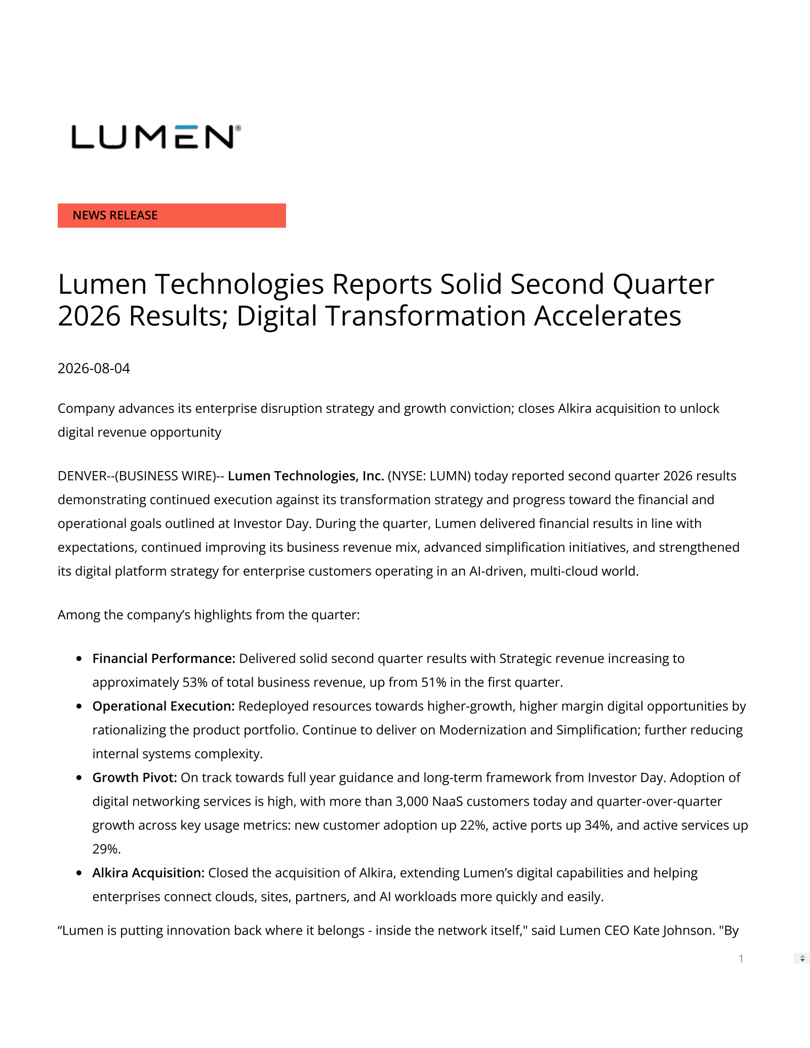 Lumen Technologies' Q2 2026 Press Release